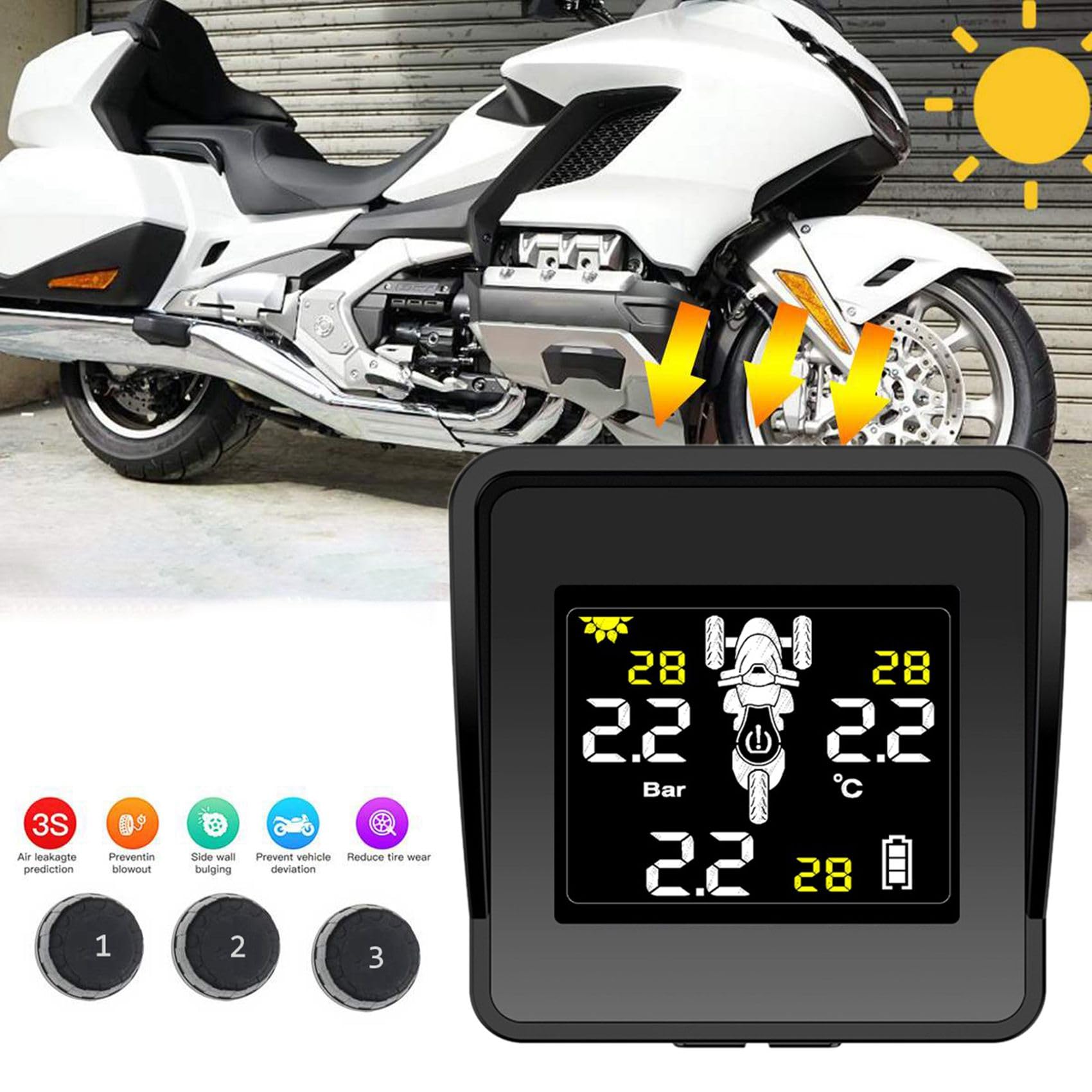 Solarny bezprzewodowy system monitorowania ciśnienia w oponach motocyklowych, TPMS, wyświetlacz LCD, 3 czujniki zewnętrzne