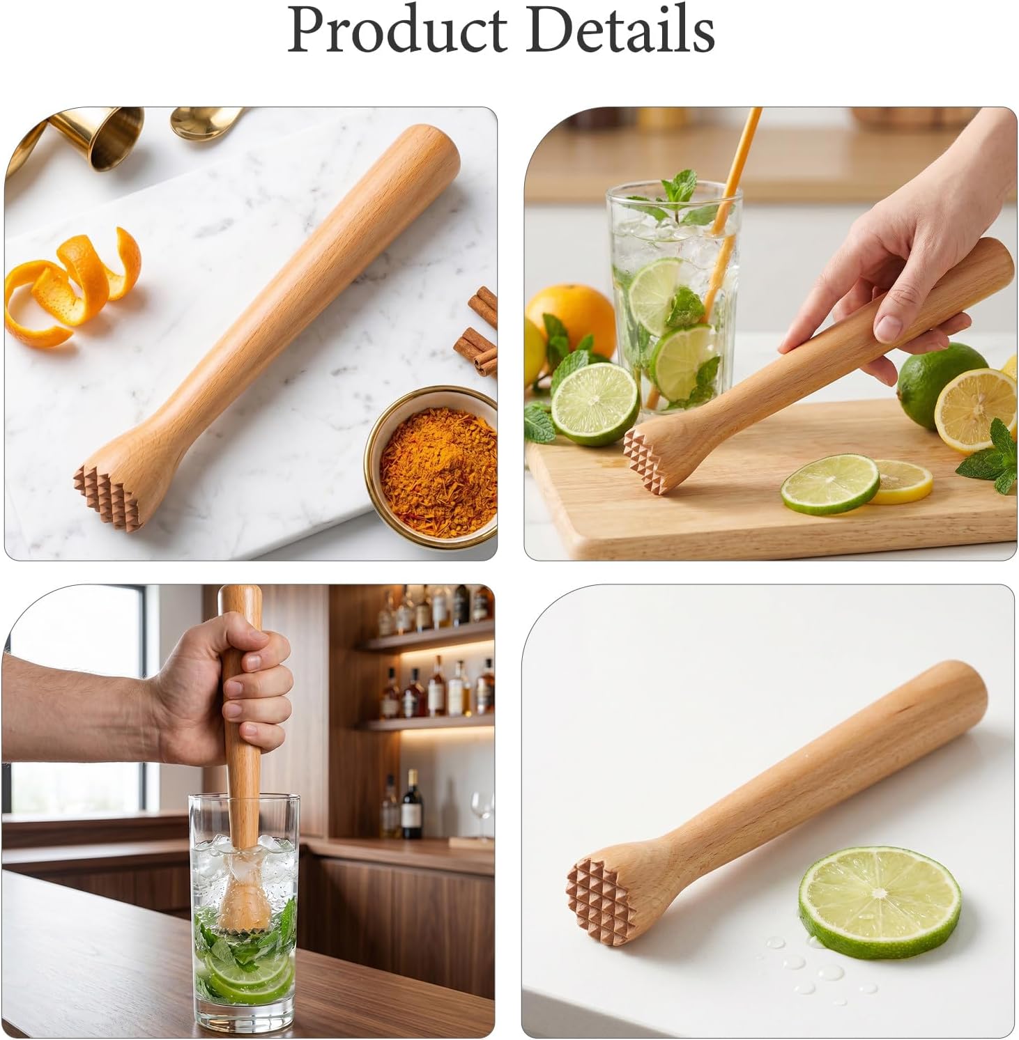 Luxshiny 4pcs Drink Muddler Mallet: 10 Inch Wooden Cocktails Muddler - Wood Ice Crushing Hammer for Kitchen Bar Cooking Tool Mojitos Fruit Drinks