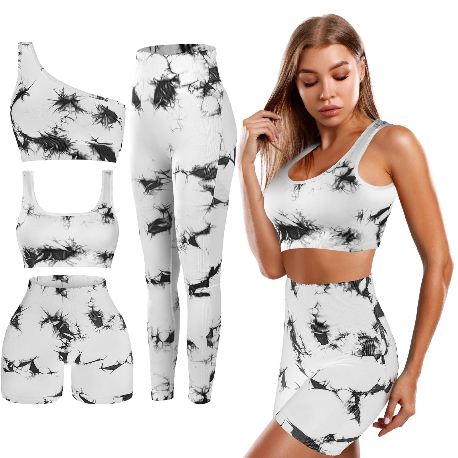 Floraltop 4 Pcs Women's Workout Sets Pilates Exercise Outfit Ribbed Scoop Neck Sports Bra Shorts Leggings Gym Clothes Set