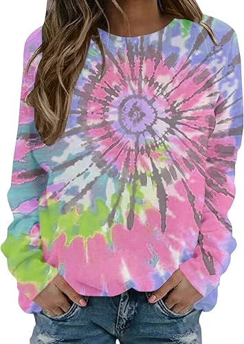 Sudaderas de moda con teñido anudado para mujer, ligeras, holgadas, cuello redondo, camisetas de otoño 2023, casual, entrenamiento, manga larga