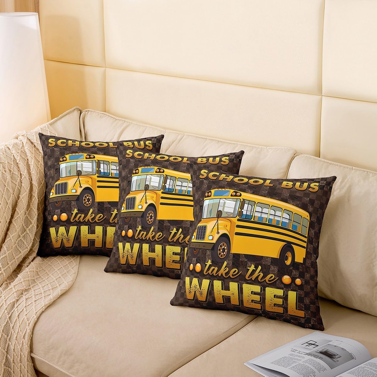 Pack Of 2 Kids School Bus Pillow Covers 22x22 Inch Yellow Cartoon Vehicle Cushion Covers Boys Cool Automobile Truck Transportation Throw Pillow Covers Brown Camouflage Decorative Square Pillow Cases