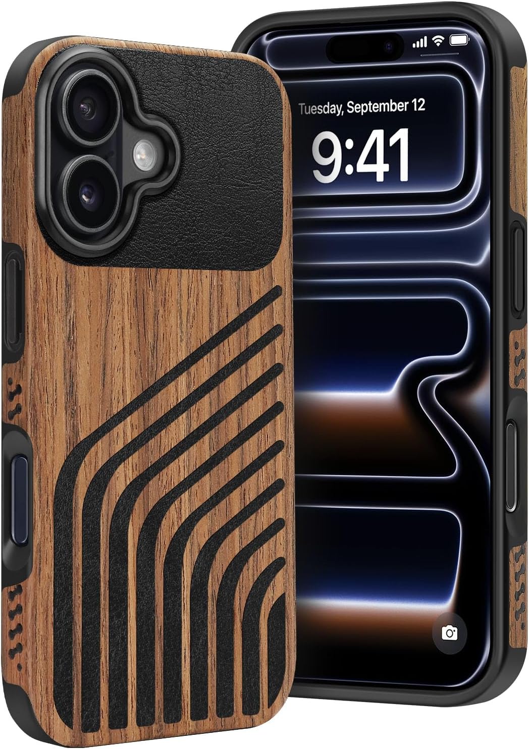 Rugged Case Compatible with iPhone 17 Case, (Natural Wood & Leather & Carbon Fiber Hybrid) Slim Phone Cover, Chord