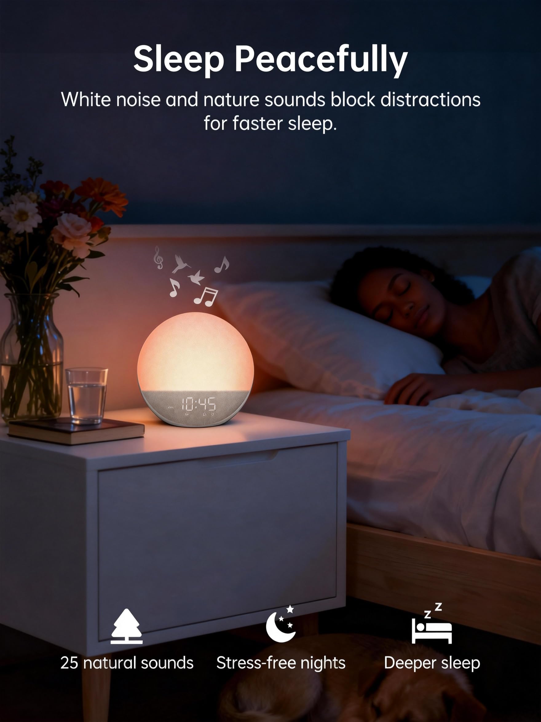 Odokee Reloj despertador Sunrise con máquina de sonido: luz de despertador suave y 7 sonidos de alarma para dormitorio, 3 modos de despertar y 32 niveles de volumen para masilla matutina sin estrés