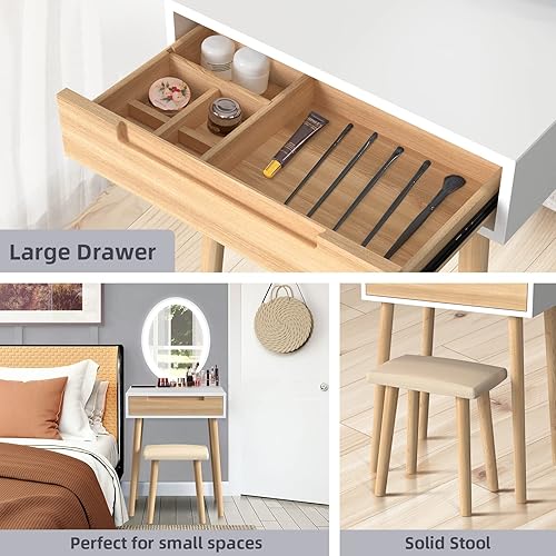 Miniatura 3 de YOURLITE Juego de mesa de tocador de maquillaje con 3 modos de espejo iluminado ajustable, taburete acolchado, tocador para espacio pequeño