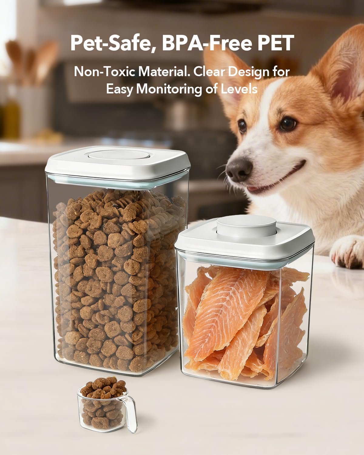 Dog Food Storage System with One-Touch Lid & Scoop, Mixed Size Set (2.8 QT / 2.65 L & 4.2 QT / 4.0 L) Cat Food Storage Container，Stackable Durable PET for Kibble, Treats & Complete Feeding