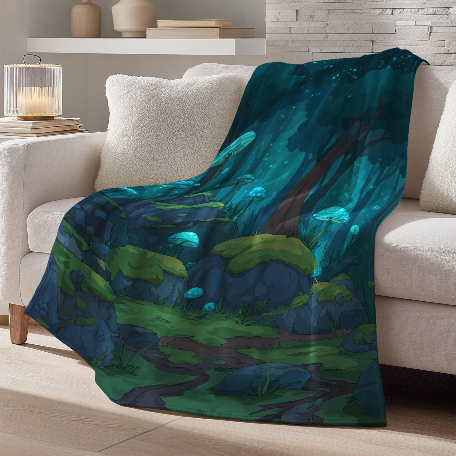 Generisch Koc polarowy, cyjan, zielony, kreskówka, fantazyjny las, grzyb, 150 x 200 cm, koc na kanapę, puszysty koc z mikrofibry, narzuta na łóżko, sofę