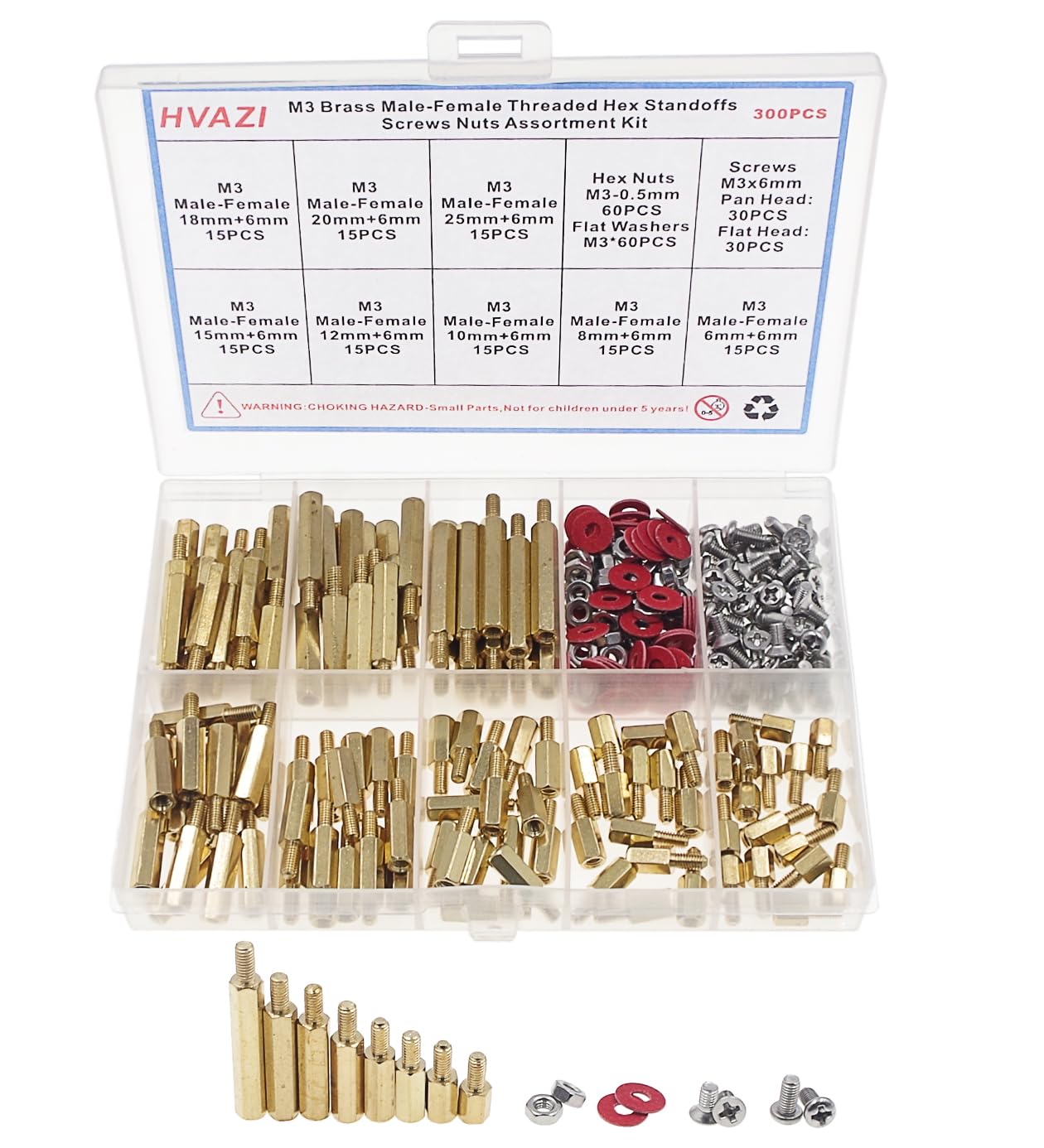 M3 Brass Male-Female Threaded Hex standoffs spacers(Female Lengths:6mm to 25mm),Stainless Steel Screws,Nuts,Flat washers Assortment kit