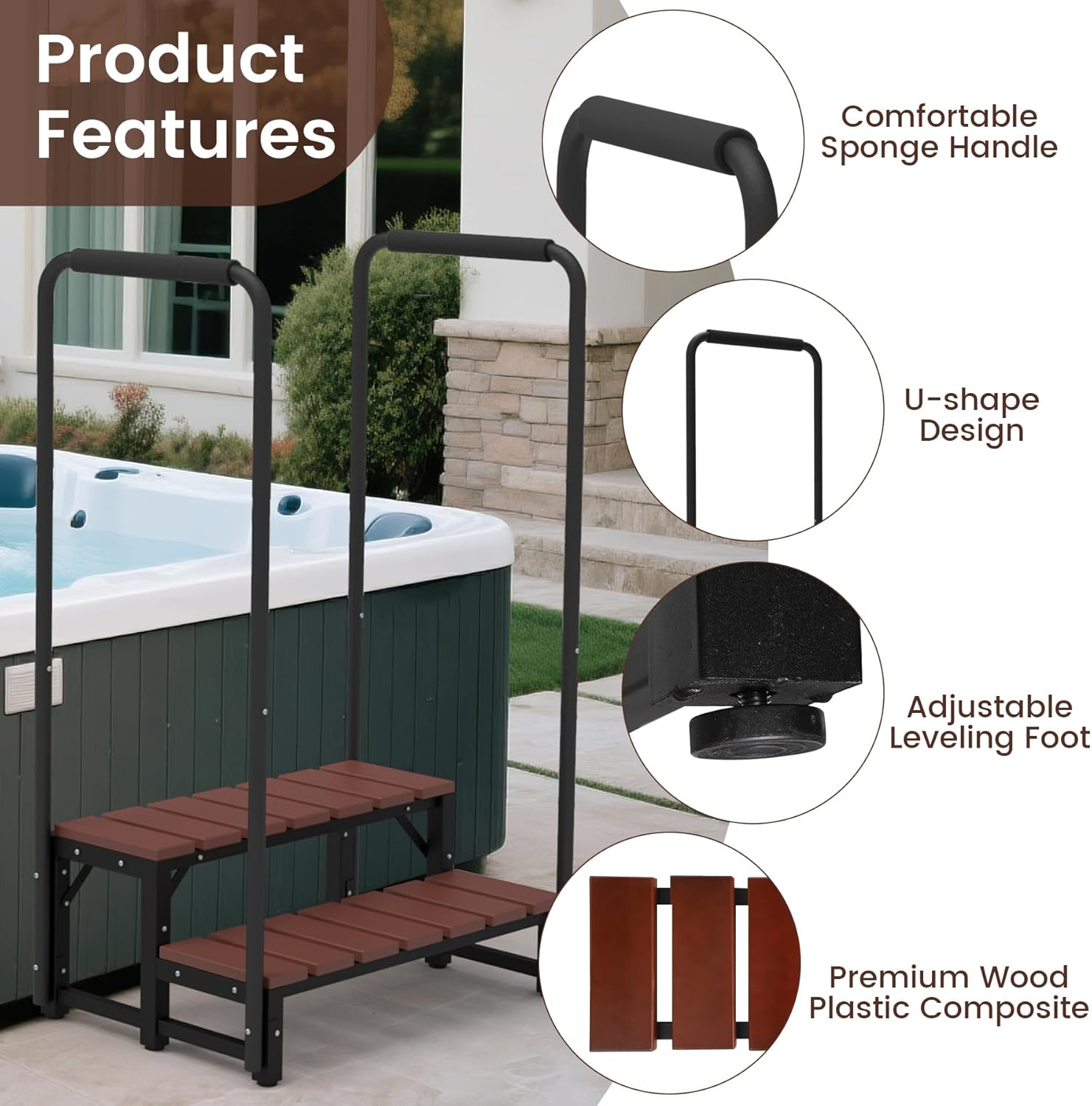 Hot tub Step Stairs with Dual-Handrails, 2 Steps Hot Tub Stairs w/Leveling Foot, Detachable U-Shape Hot Tub Railing to Get in and Out, 400LBS Capacity Spa Steps for Indoor & Outdoor