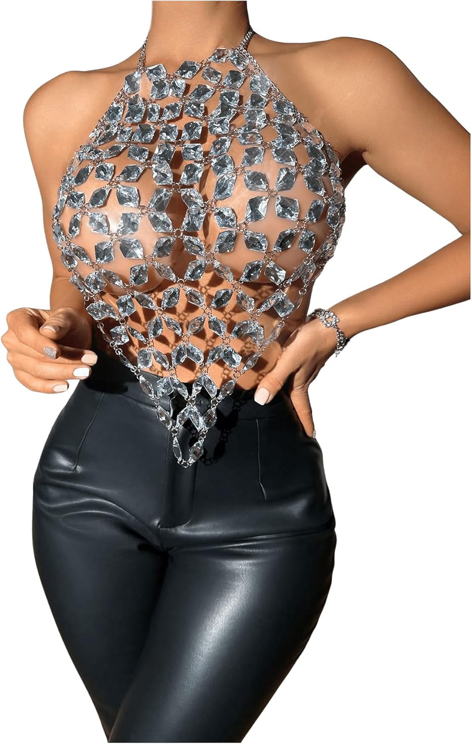 SHENHE Women's Open Back Sexy Diamond Body Top Backless Halter Rave Shirt Club Top - Image 2