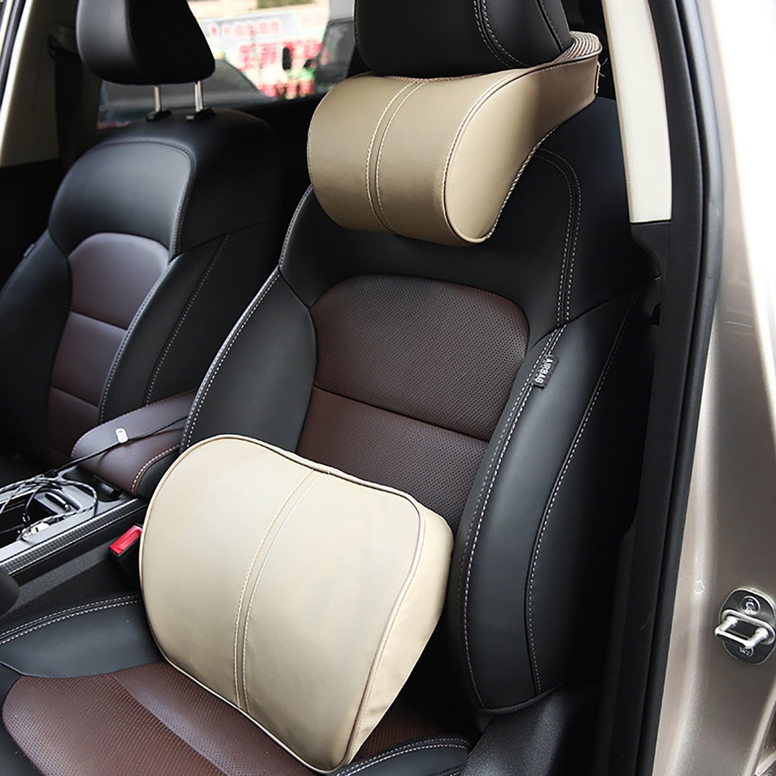 Cuscino Collo Dell'Auto Cuscino Lombare Set Cuscino Testa Seggiolino Auto Cuscino Testa Cuscino Collo Cuscino Supporto Lombare Schiena Schiuma di Memoria Ritorno Elastico Lento(Beige)