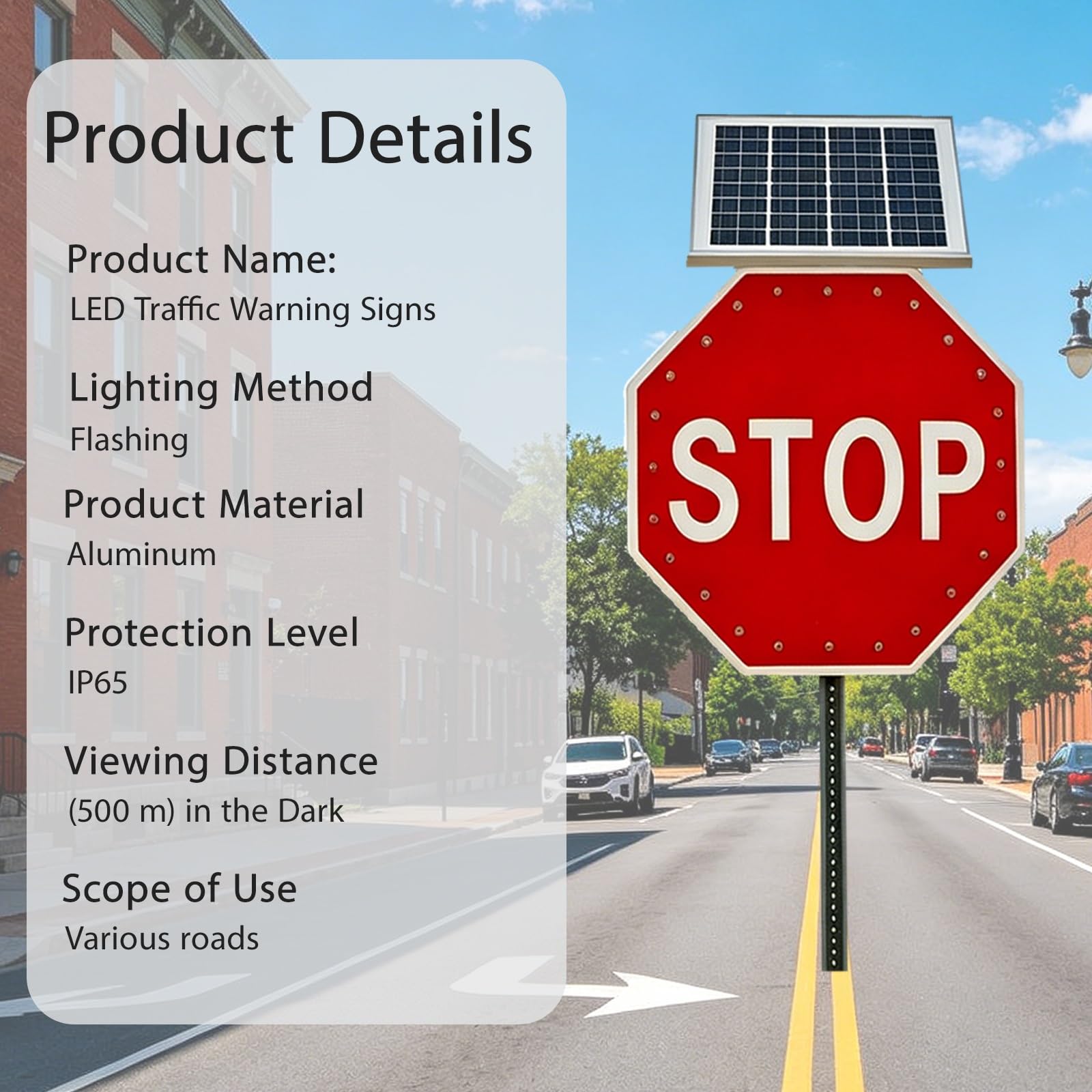 Señal de Tráfico Solar Octogonal, Cartel Reflectante con Energía Solar, Visibilidad 500 m, Marco en Aluminio, para Vías Rurales, Cruces Viales y Zonas Industriales(24")