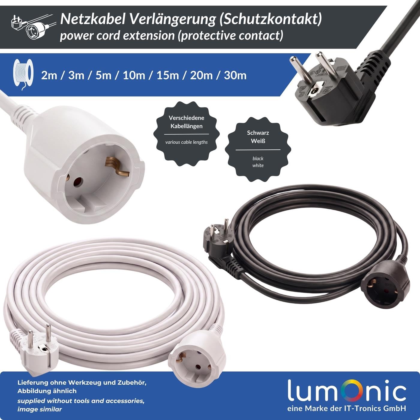 Lumonic Rallonge Schuko blanche, 30 m, 230 V - Sécurité enfants au niveau de la prise, pour lave-linge et lave-vaisselle, protection anti-pliure au niveau de la fiche