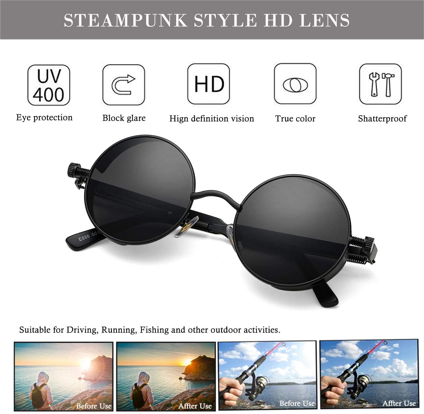 HJSTES Vintage Round Steampunk Sunglasses for Women Men Circle Gothic Glasses Retro Metal Frame - Image 6