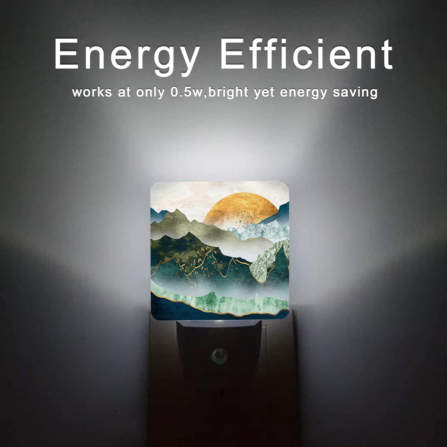 Mountain Night Light,Green Mountains Golden Sunset Plug in Night Lights Auto LED Lamp Energy Saving Square Lights for Boys Girls Men Women