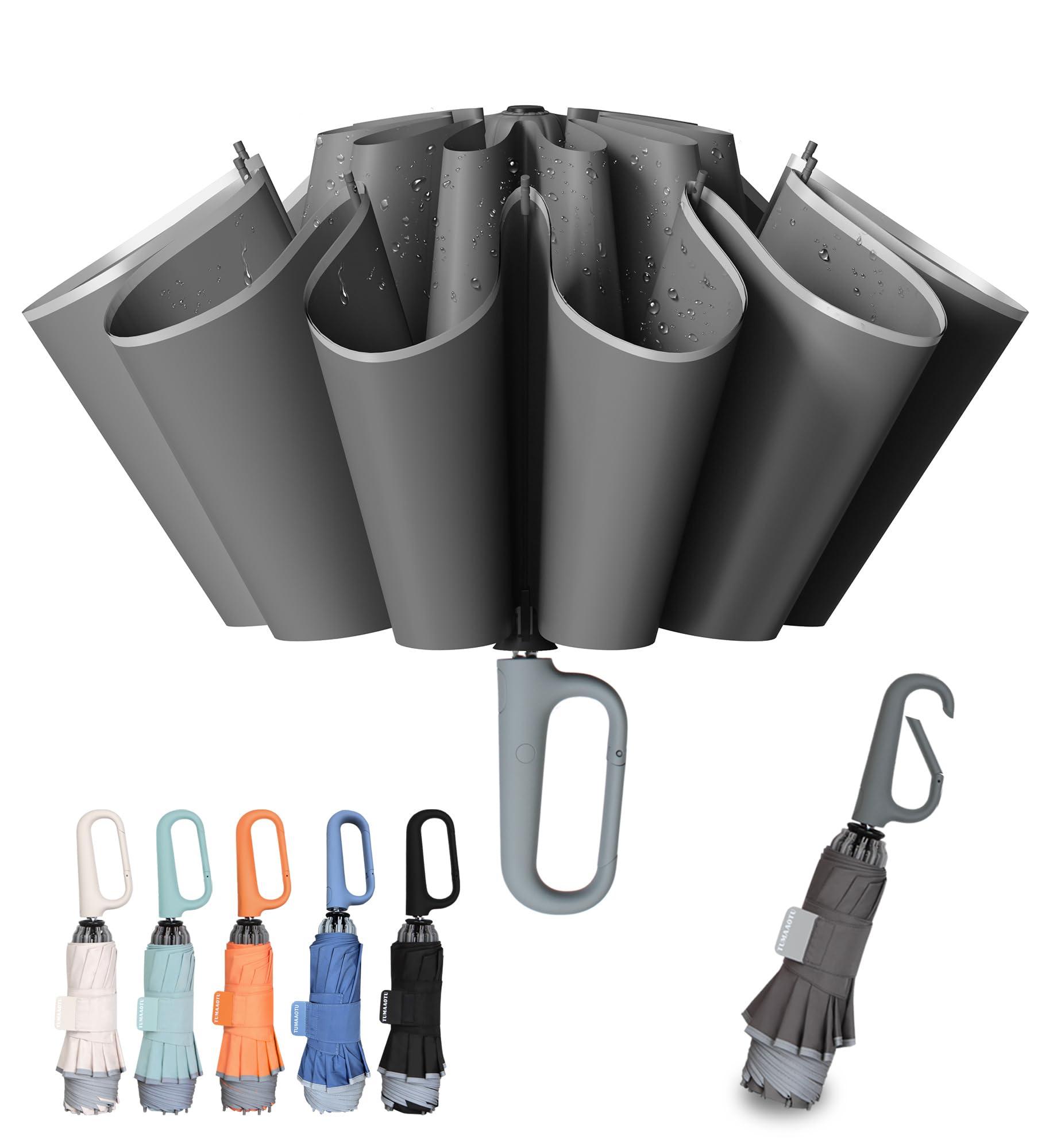 Tumaaotu Women's Grey Compact Inverted Umbrella With Never Forget Carabiner Handle - Travel Umbrella Windproof Strong, Reverse Umbrellas For Wind Rain, Auto Open Close, 10 Rib Durable Frame For Men (Grey)