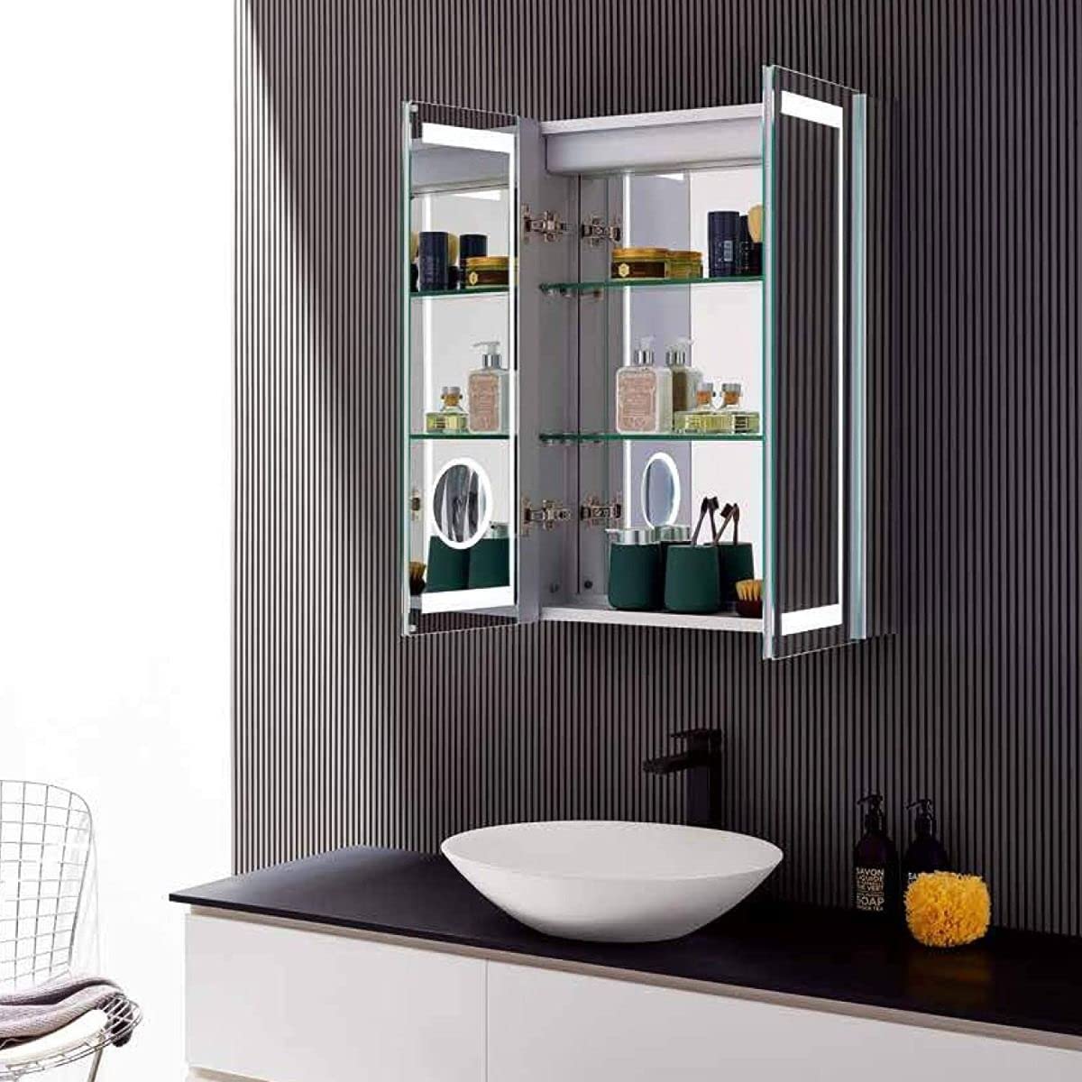 Glenn 24" W x 32" H LED Lighted Bathroom Medicine Cabinet with Make-up Mirror, Defogger, Dimmable LED Lights and Two Glass Shelves Inside The Cabinet