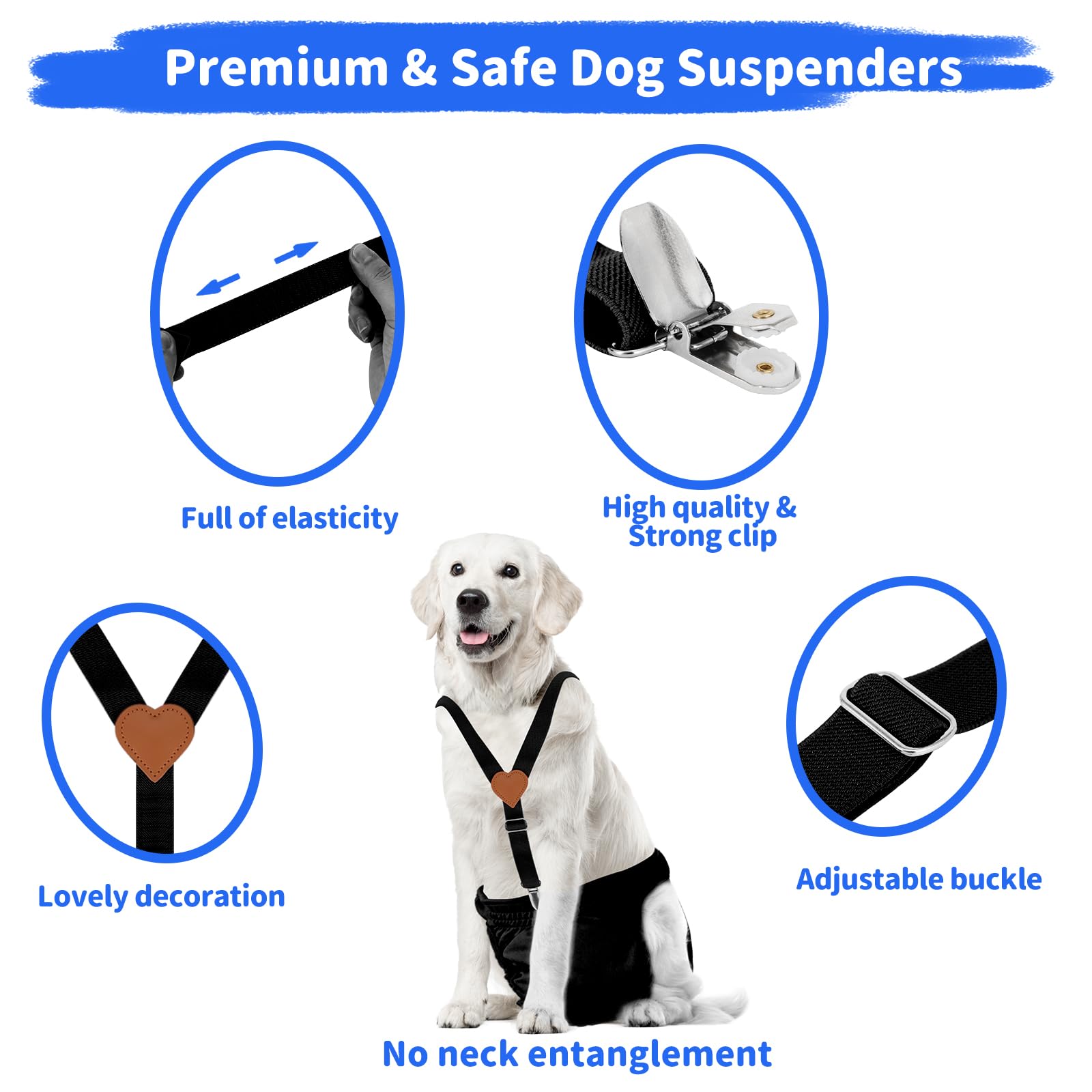 WaJexy Dog Suspenders for Diapers Female and Belly Bands, Adjustable Stay-Put Straps with Thick Elastic Nylon, 2pcs Set (Black Medium)