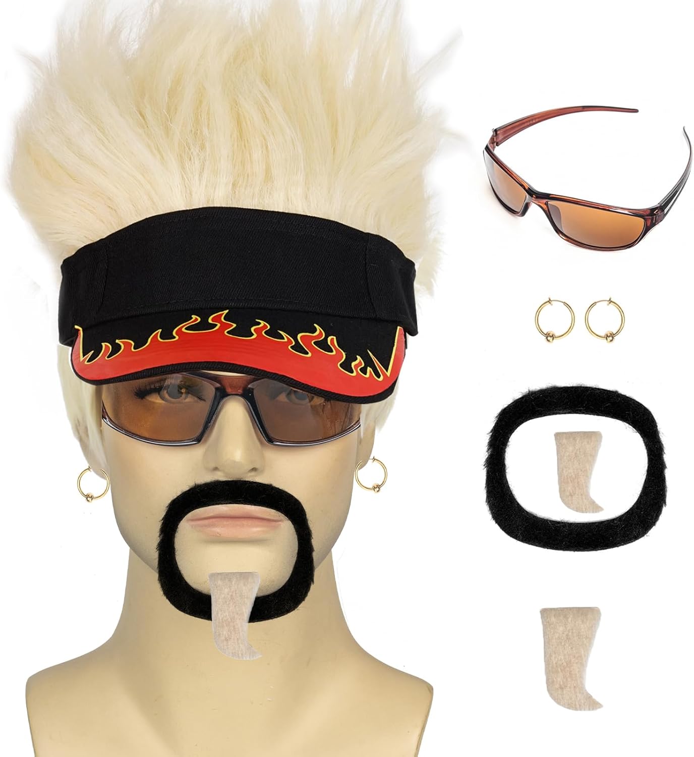 QACCF Funny Flame Visor Cap with Blonde Spiked Blonde Hair Sunglasses Fake Beard Gold Earrings for Halloween Dress Up Party