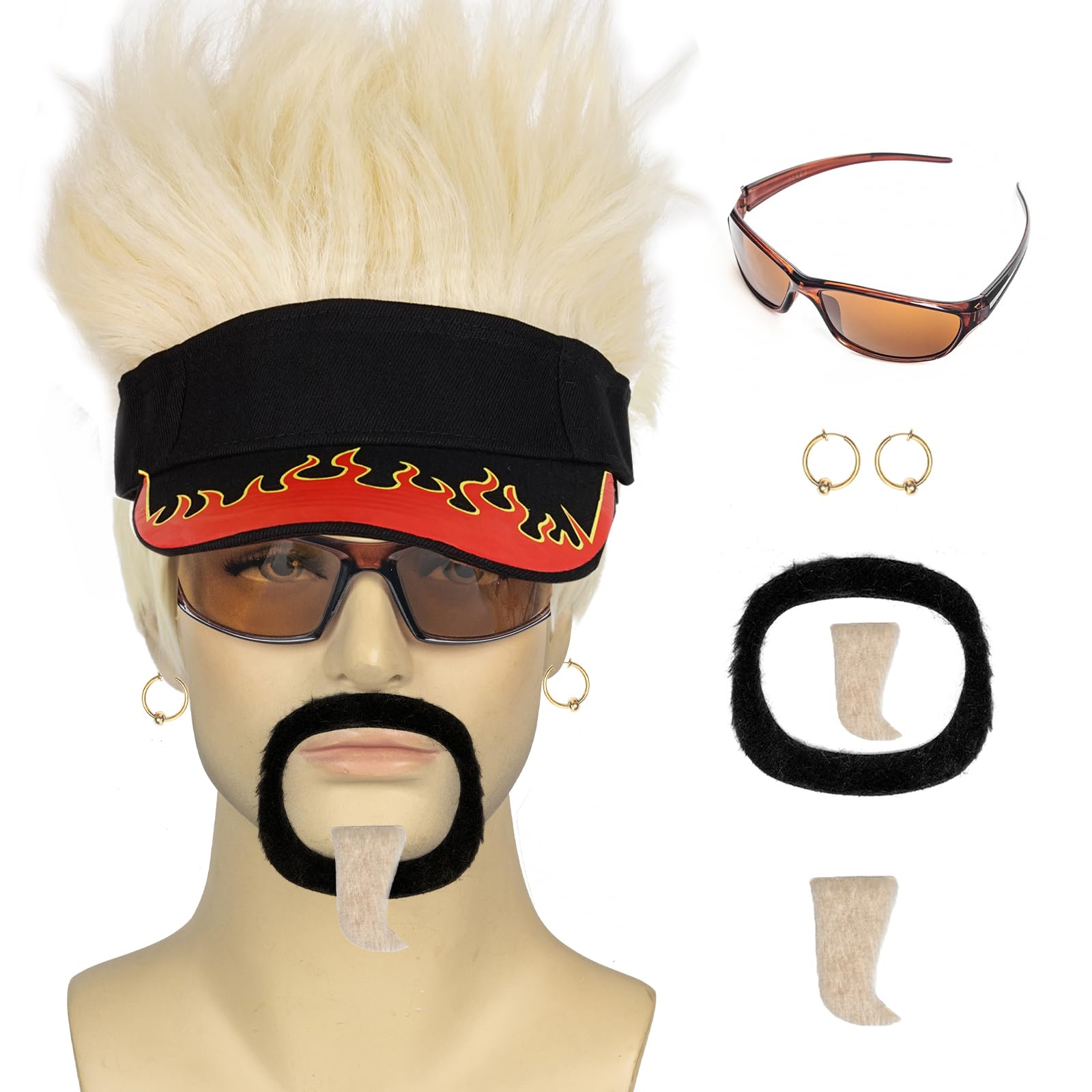 QACCF Funny Flame Visor Cap with Blonde Spiked Blonde Hair Sunglasses Fake Beard Gold Earrings for Halloween Dress Up Party