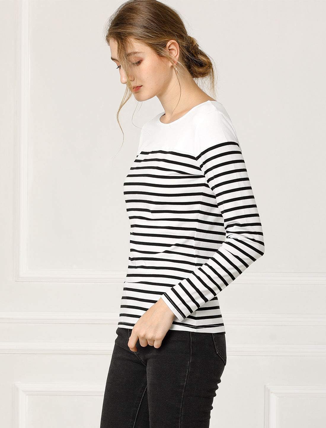 Allegra K Women's Striped Top Long Sleeve Round Neck Tops Trendy Casual Striped Shirts - Image 4
