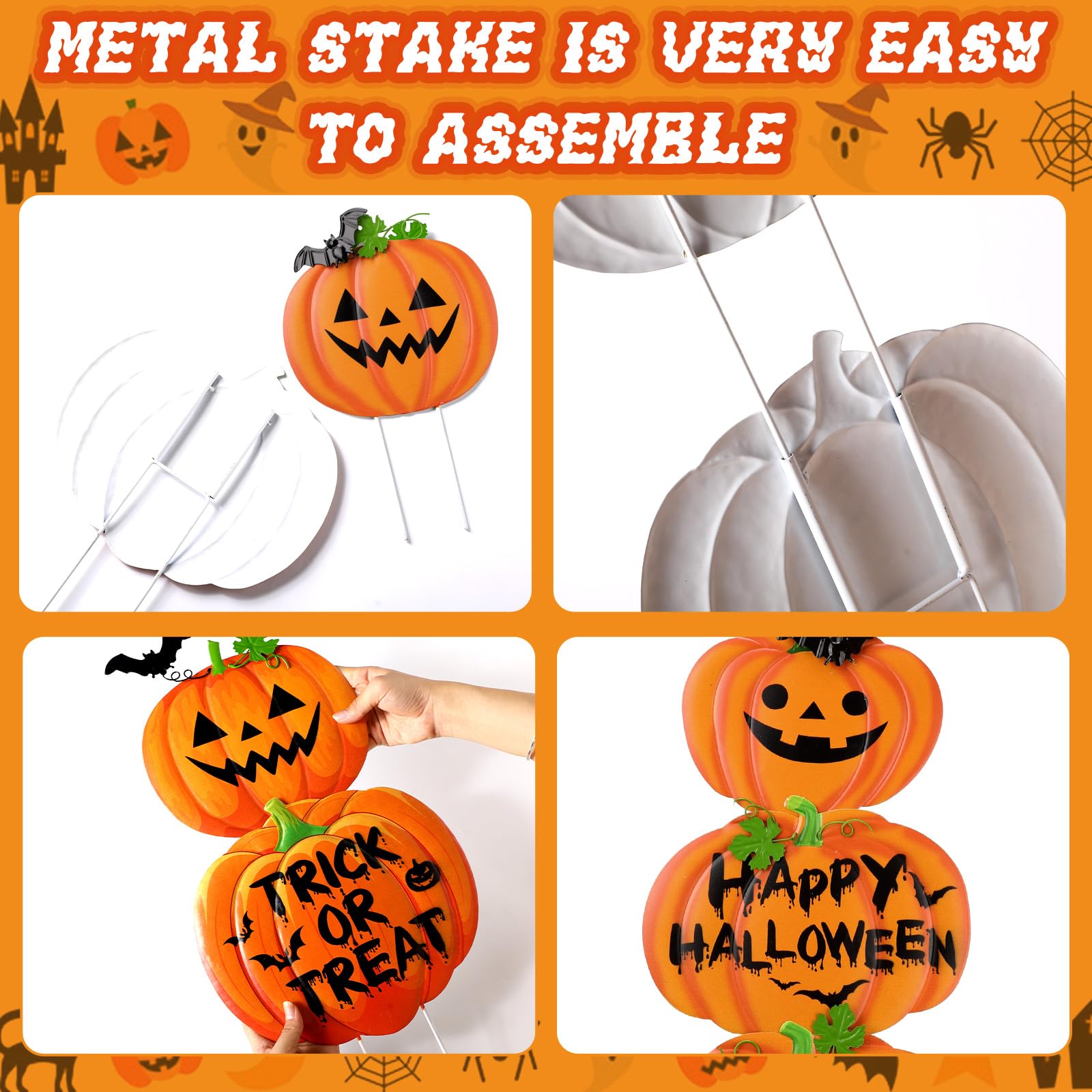 8 Pcs Halloween Fall Pumpkins Garden Stakes Halloween Metal Yard Stakes with Witch Hats Stacked Jack O Lantern Halloween Decorations Outdoor Scary Decorative Lawn Stakes for Pathway Driveway