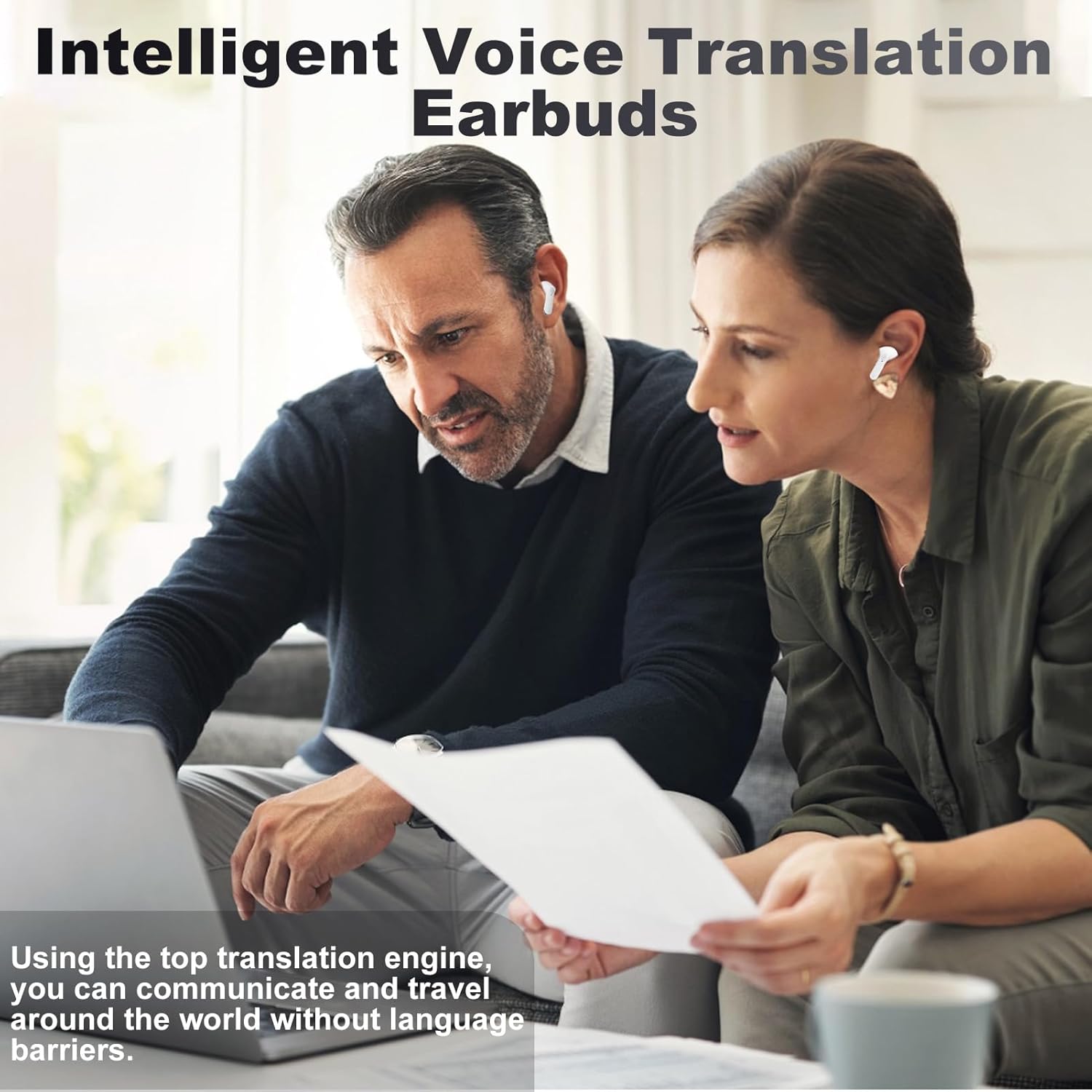 Two people using exsulity earbuds for intelligent voice translation while looking at a laptop.