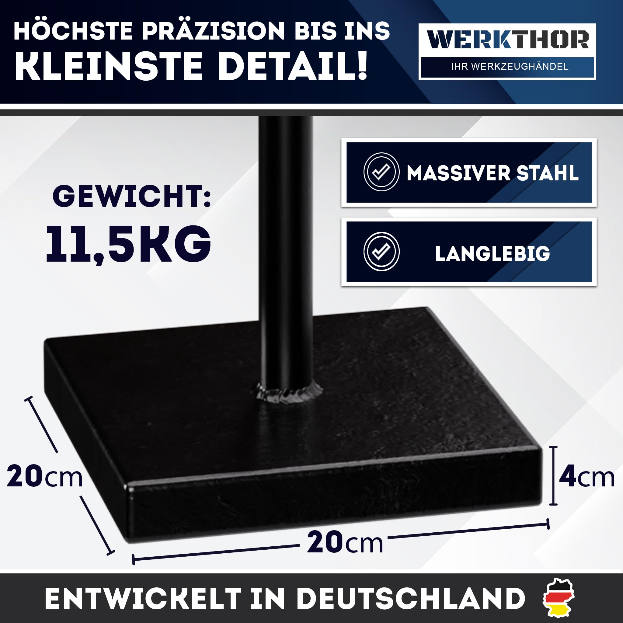WERKTHOR Costipatore Manuale 11,5 kg in Acciaio – Compattatore Terreno Manuale con Piastra 20x20 cm e Manico T 83 cm – Strumento per Compattare Terra, Asfalto e Ghiaia