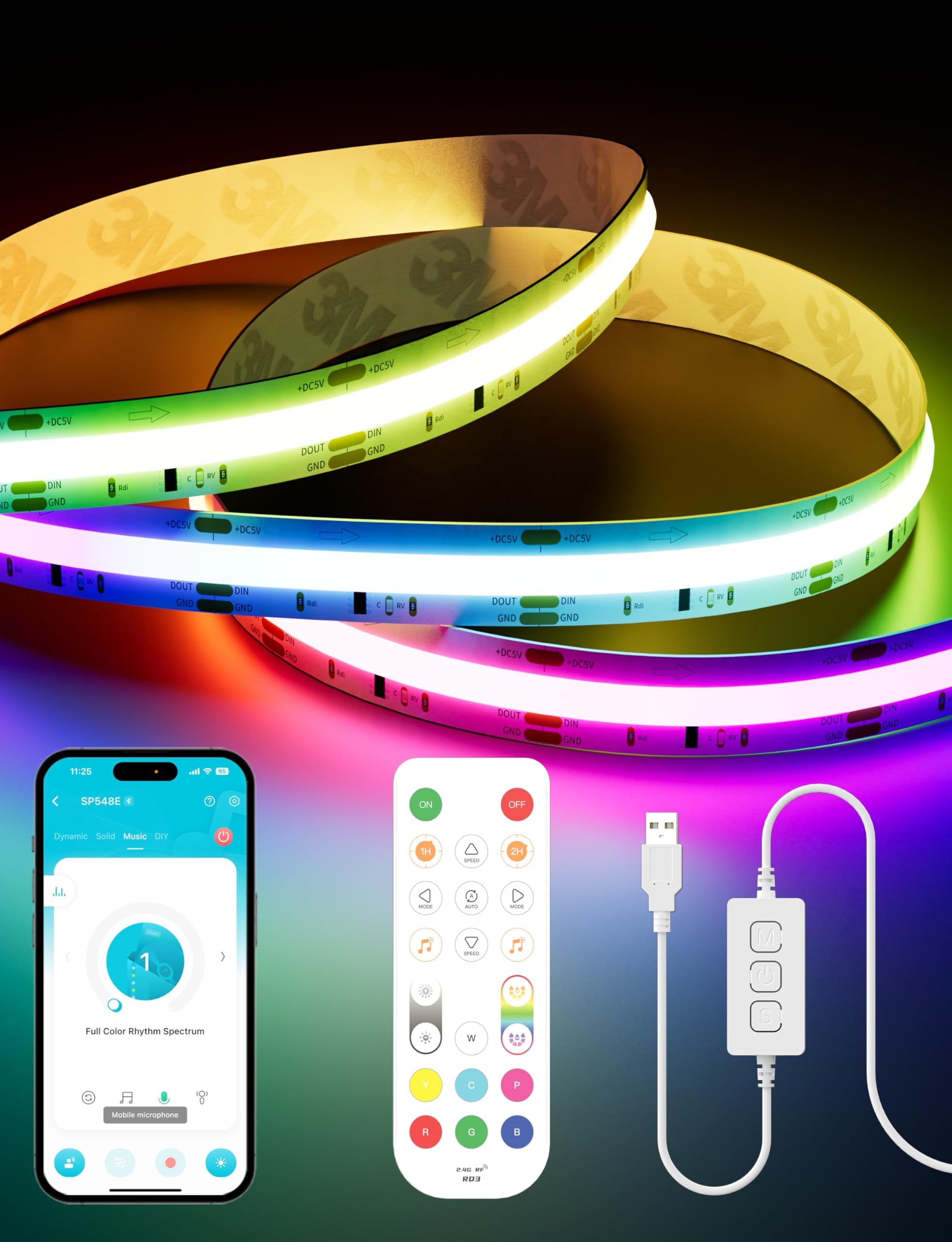 RGB Smart IC COB LED Strip Light 5V USB,Color Chasing UL-Listed Multicolor Flexible Tape LED Strip Light 9.84ft/3m Compatible with Alexa/Google Assistant,for TV,Desk,Monitor DIY Decoration