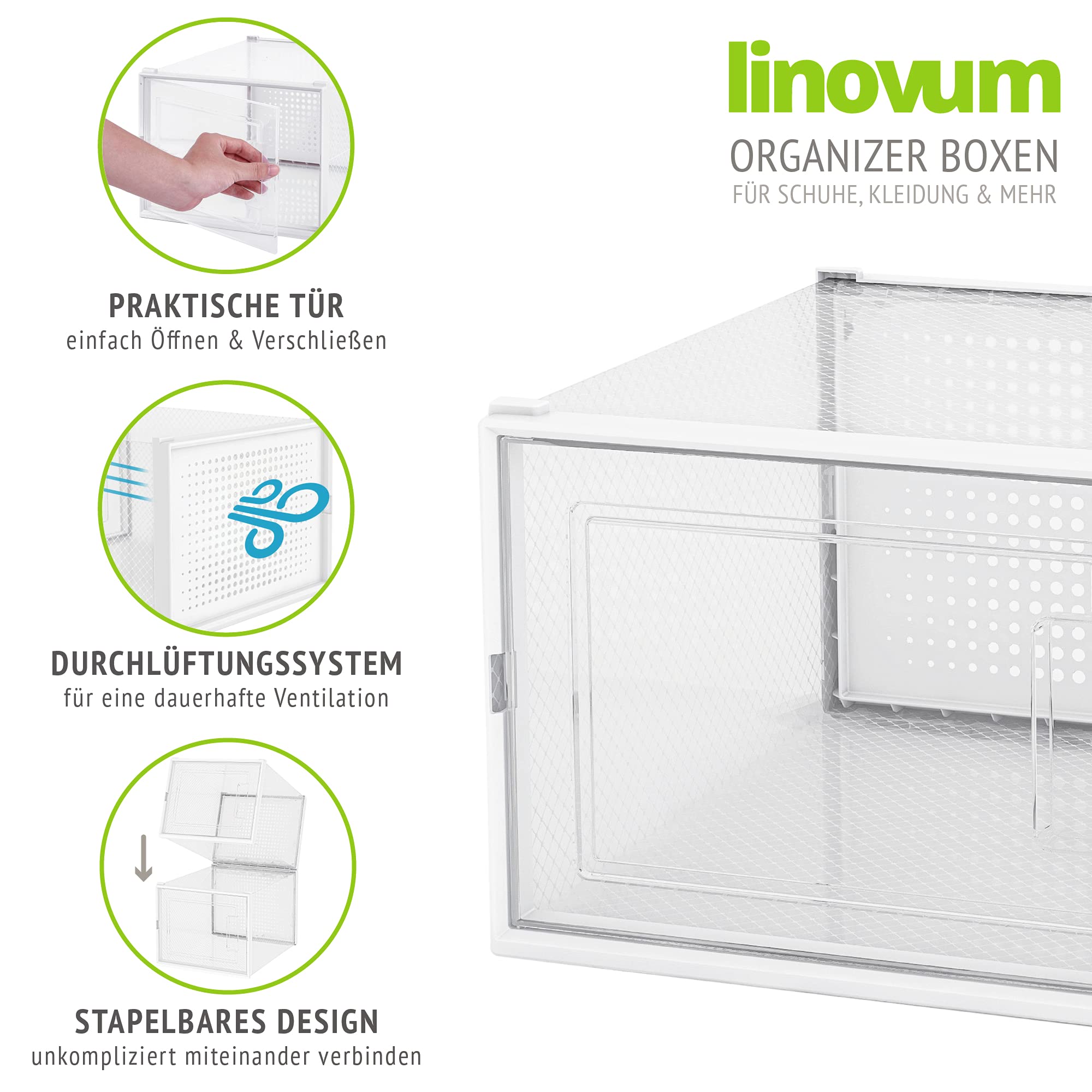 linovum 6er Set Schuhboxen stapelbar transparent für Übergrößen - modulare Aufbewahrungsbox für Schuhe mit Tür & Durchlüftung