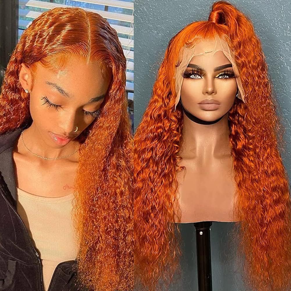 Luxangeles Closure Orange Curly Wig Deep Wave Ginger Wig