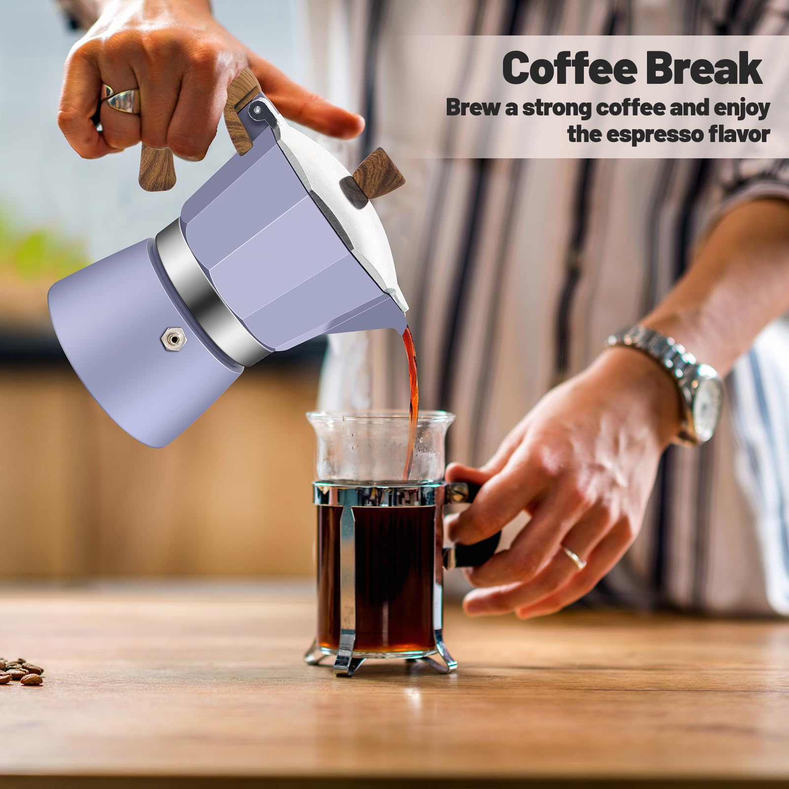 Cafetera moca clásica de aluminio para 3 tazas, 150 ml, cafetera, percoladora, cafetera Mocha Express, cafeteras preferidas para café italiano y cubano, color morado