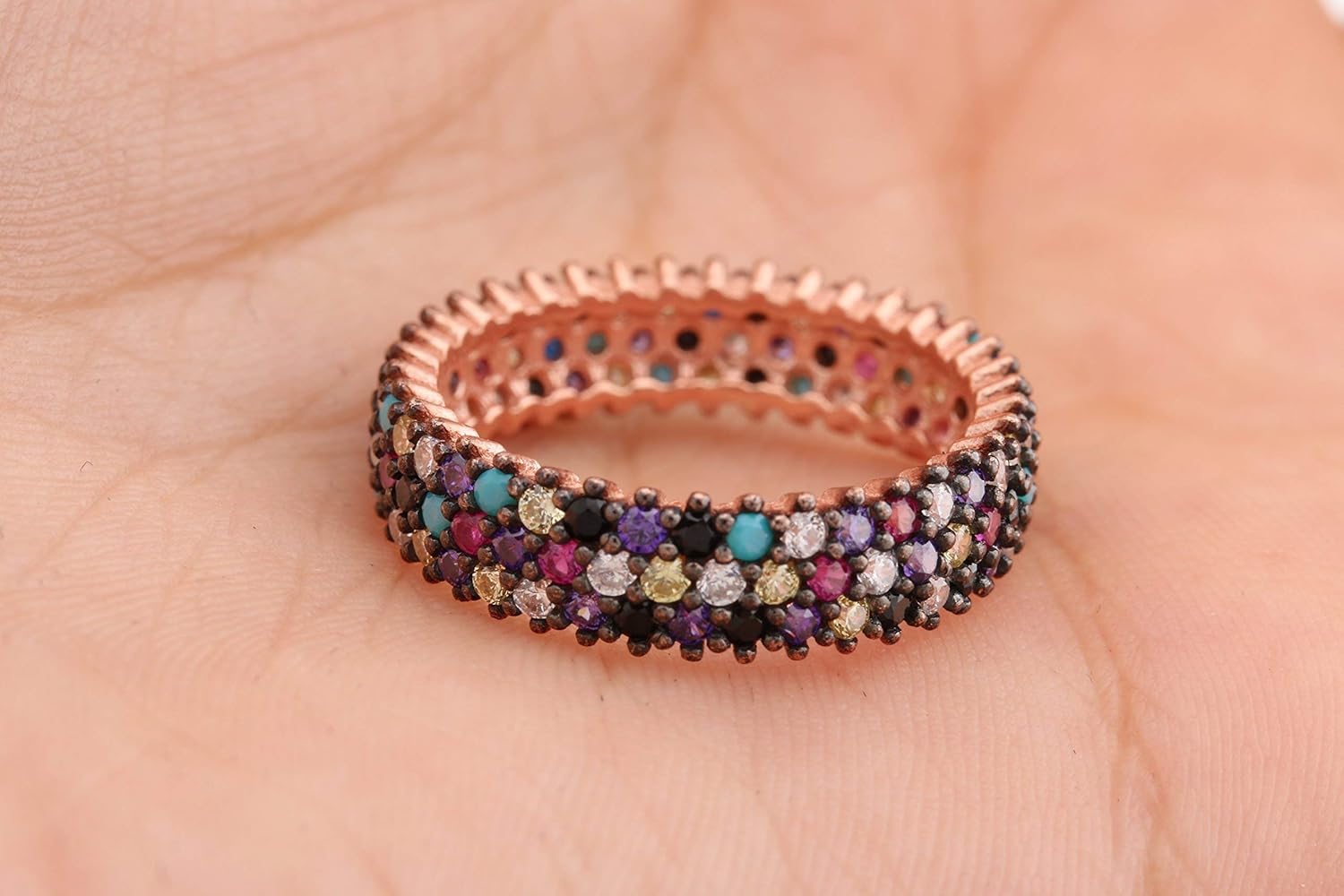 Special Design 3 Lines Multistone Turkish Handmade Jewelry Amethyst Pink Ruby Turquoise Sapphire Citrine Topaz Stone 925 Sterling Silver Band Ring All Size