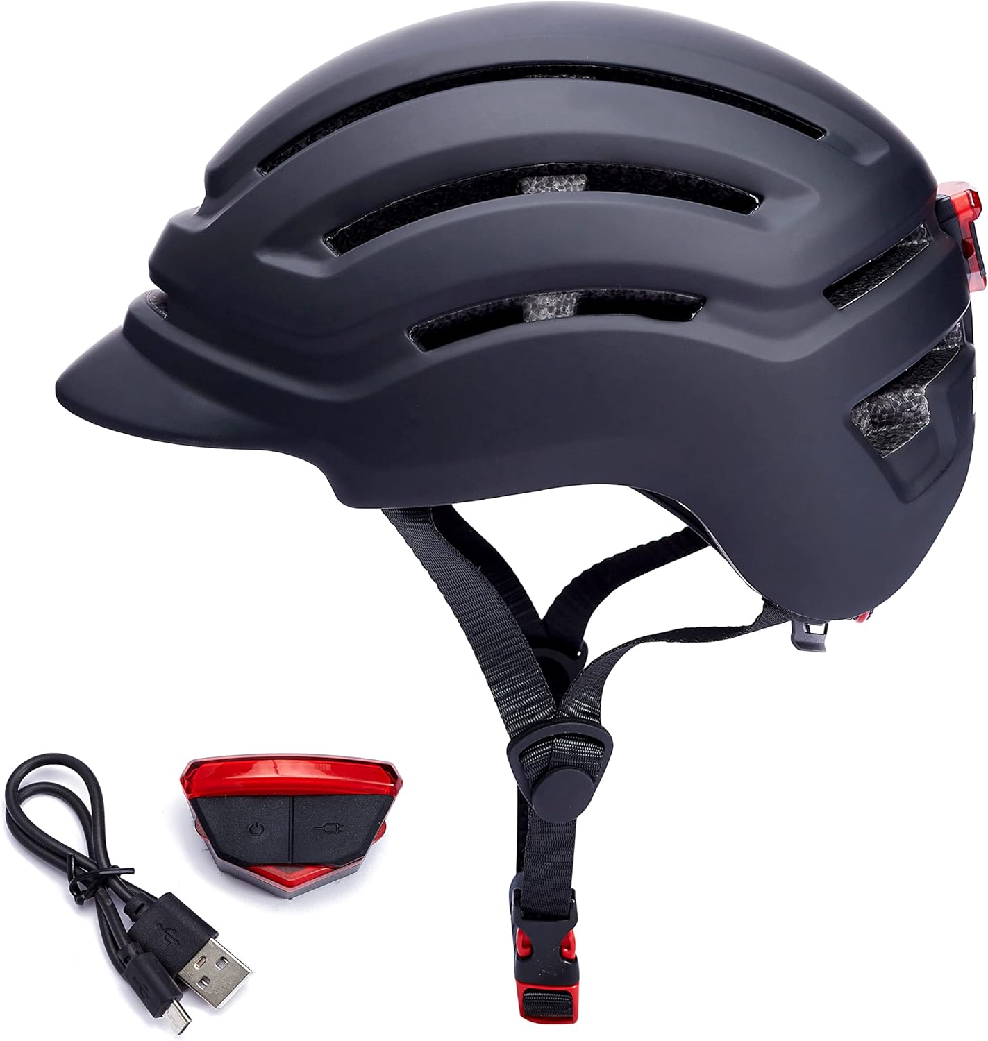 Adult Bike Helmet for Men Women, Mountain Road Bicycle Helmet with USB Rechargeable Taillight, Matte Black