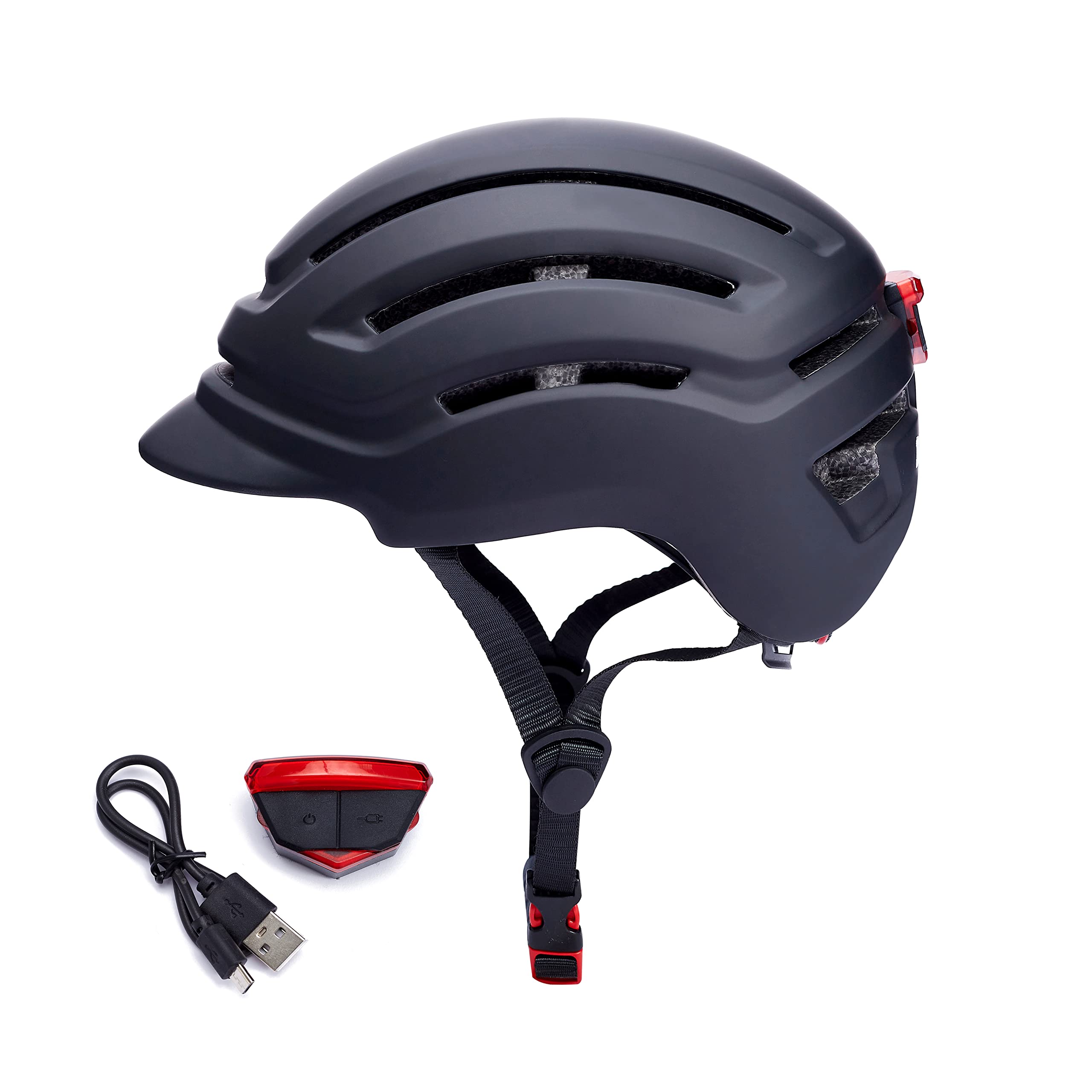 Adult Bike Helmet for Men Women, Mountain Road Bicycle Helmet with USB Rechargeable Taillight, Matte Black