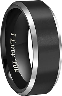4mm 6mm 8mm Black Tungsten Couple Wedding Bands Rings Men Women Polished Beveled Edges Matte Brushed Finish Engraved I Love You Size 3.5 To 17