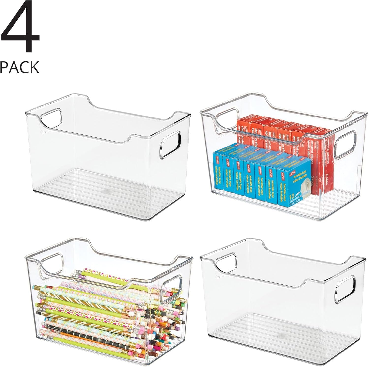 mDesign Deep Plastic Office Storage Bins with Handles for Organization in Filing Cabinet, Closet, or Desk Drawers, Organizer for Notes, Pens, Pencils, and Staples - Ligne Collection - 4 Pack - Clear