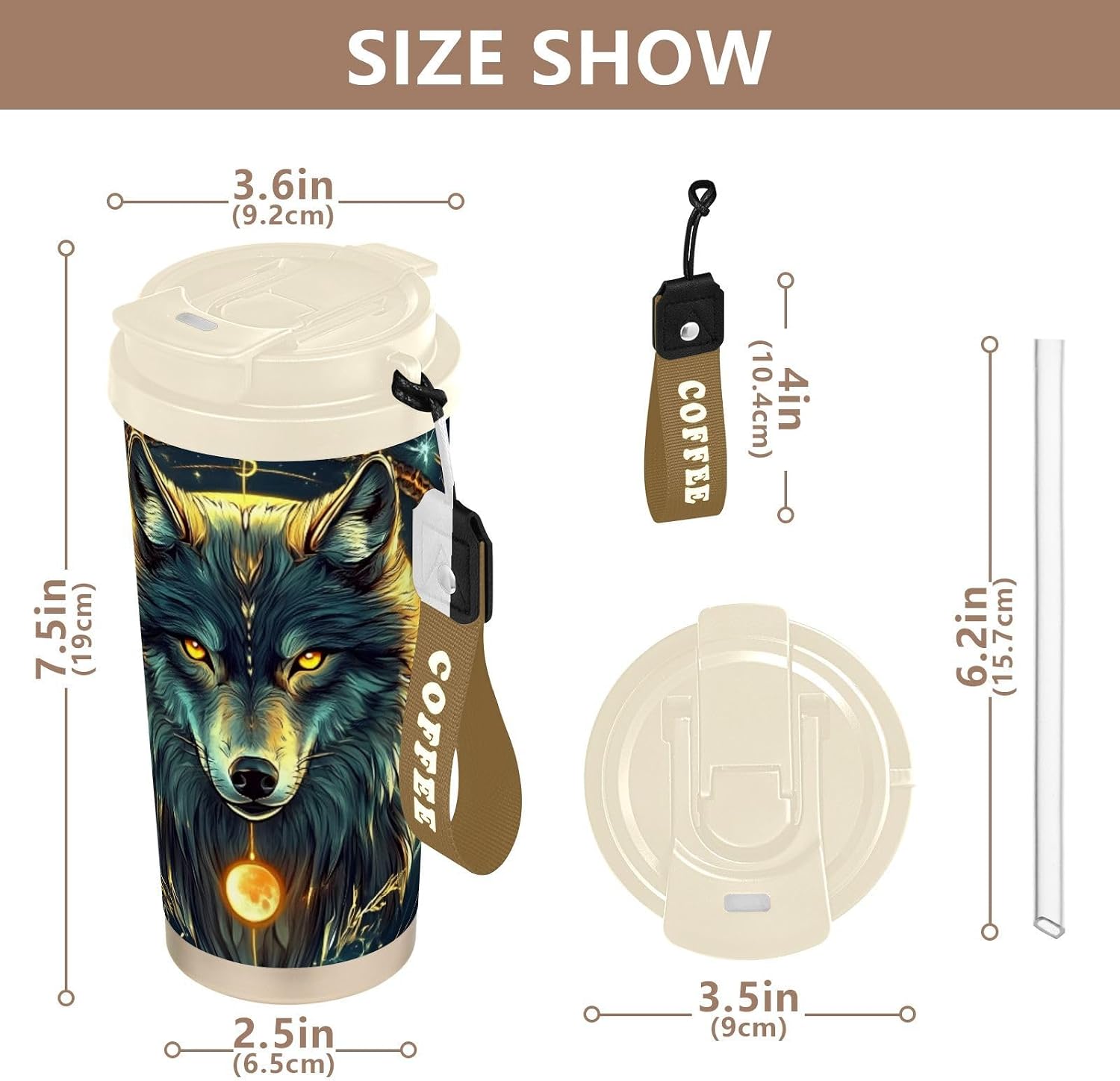 Wolf Fantasy Insulated Coffee Mug with Straw & Flip Lid, 16.9oz Iced Tumbler Cup, Double Wall Vacuum Leak-Proof Mug for Travel Office