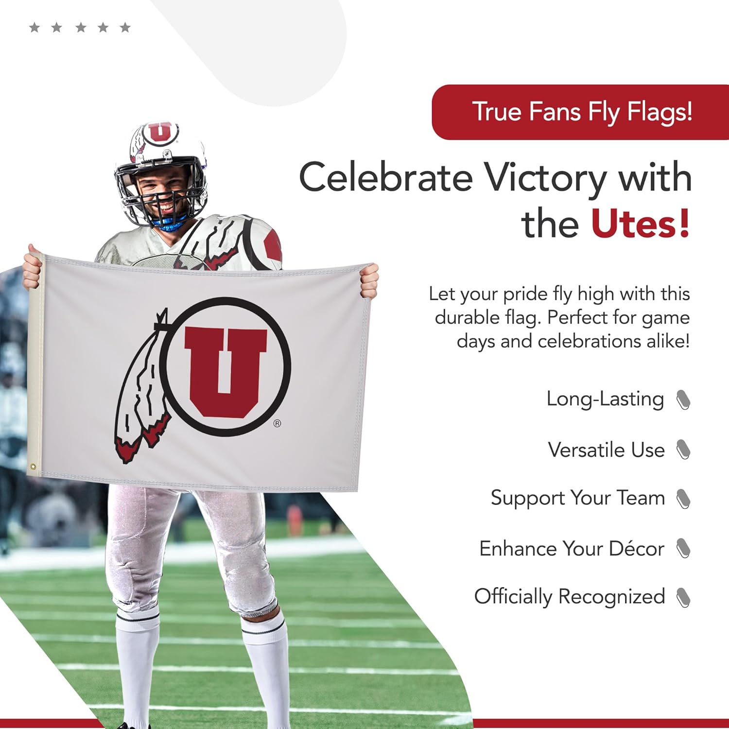 Utah Utes College Sports Printed Flag - NCAA Licensed - Nylon - School Banner (White, Red) (2' x 3')