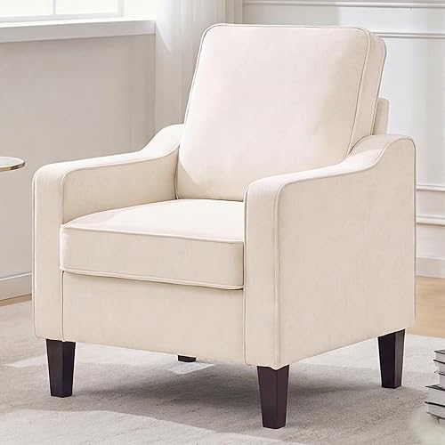 Mangodan Comfy Accent Chair for Living Room, Mid Century Modern Reading Chair for Bedroom, Office and Waiting Room, Upholstered Armchair Single Sofa Chair with Soild Wood Legs (Beige, Set of 1)