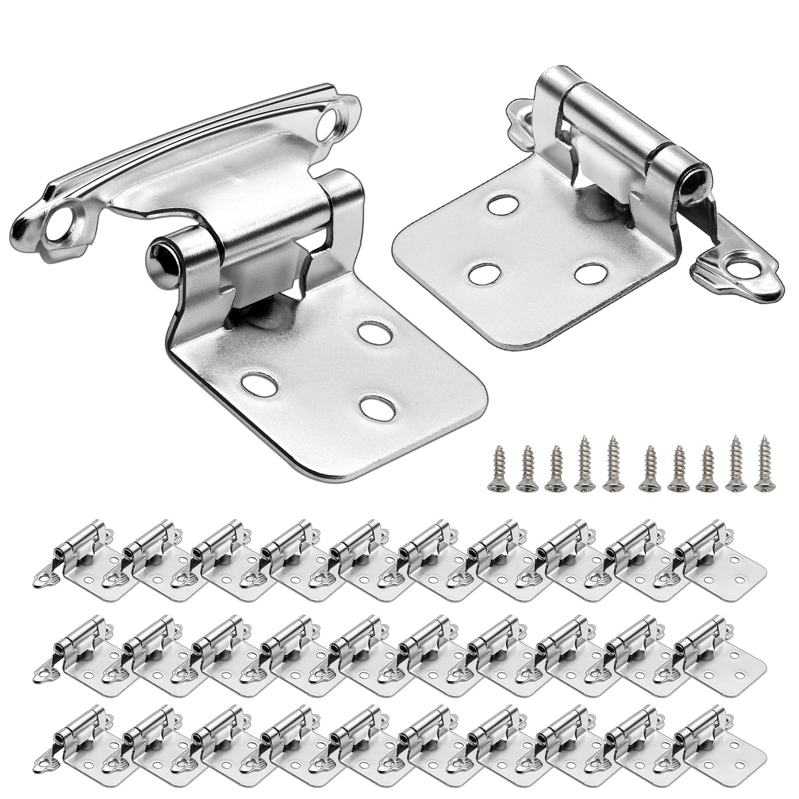 32 bisagras de gabinete, bisagras de puerta de cocina con cierre automático con tornillo de acero inoxidable, níquel satinado (16 pares)