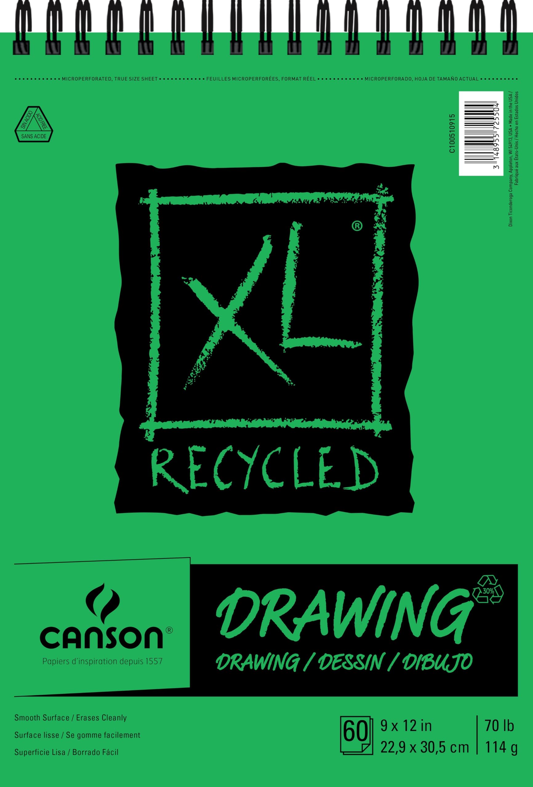 Canson XL Reciclado Espiral Papel de Dibujo Pad 9 x 12-inch60 Hojas