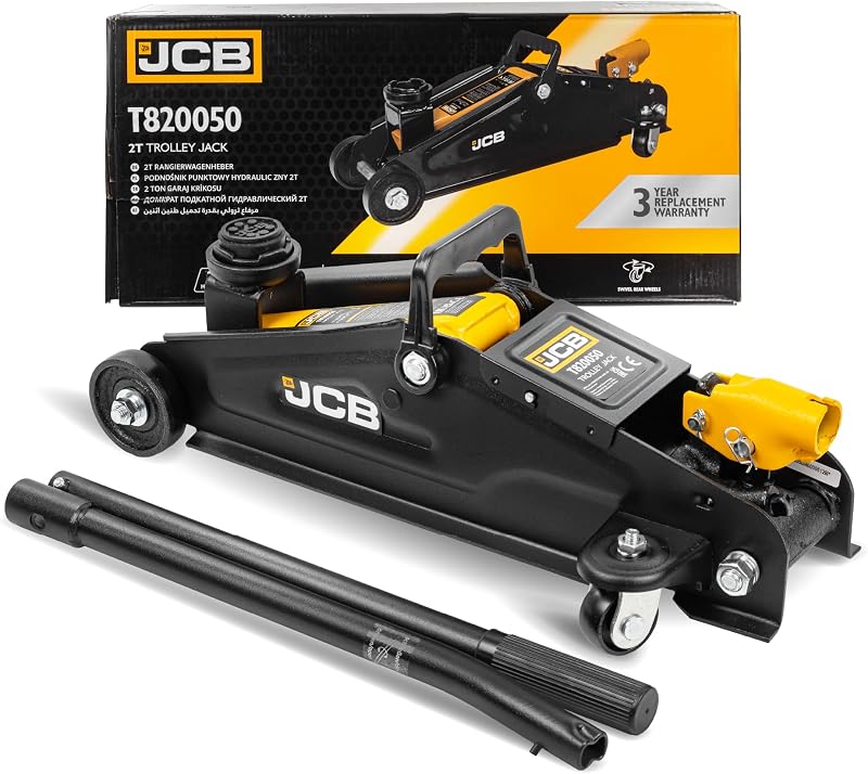 JCB Hidraulikus Emelő Kocsi 2T - Mély Emelő 135-340 mm, 2000 kg Teherbírás, 360° Kerekek, Gumi Védelem, Biztonsági Szelep, Autóemelő
