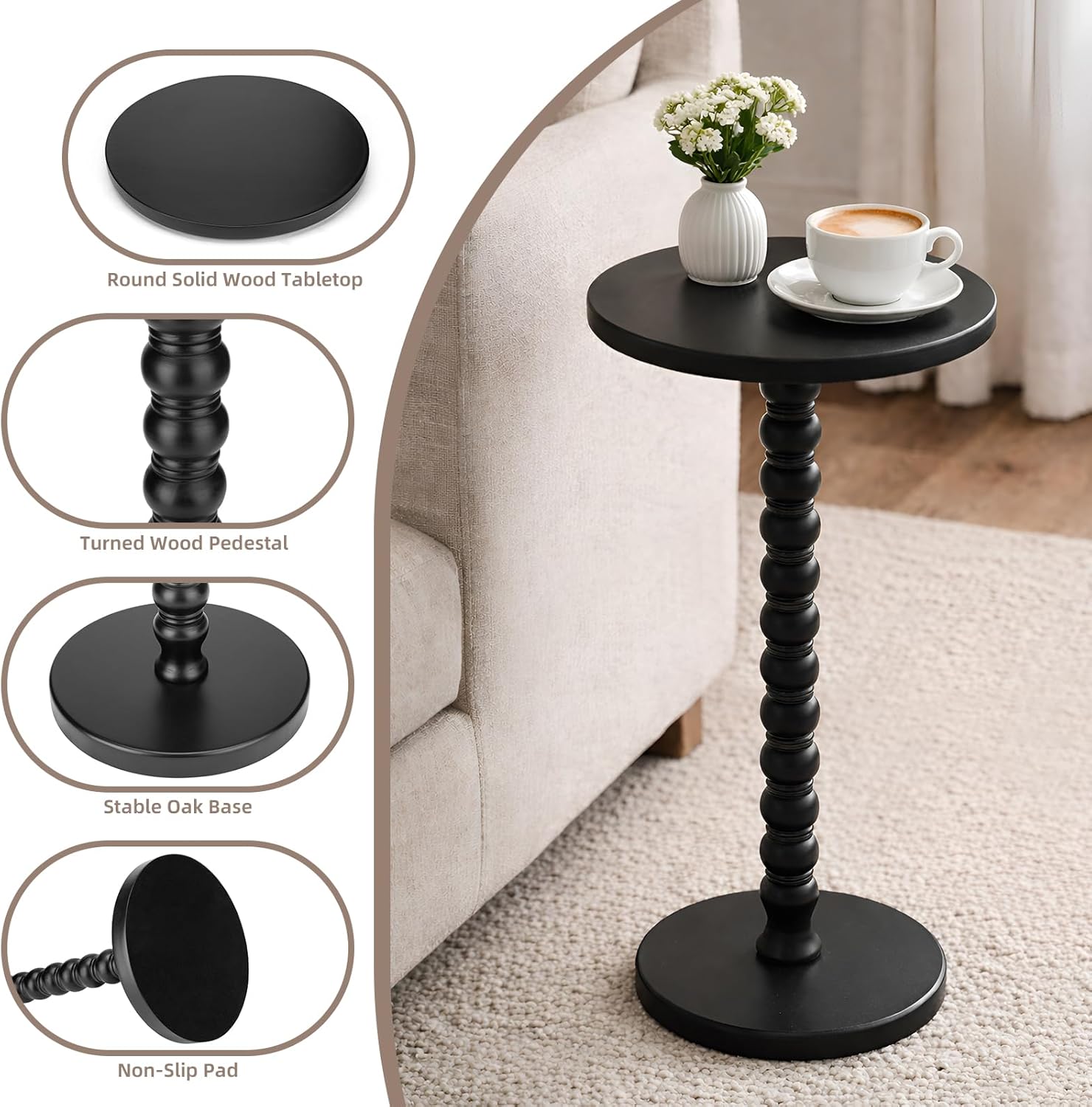 Round Side Table, Solid Wood Pedestal Drink Table for Small Spaces, Modern Accent End Table with Non-Slip Base for Living Room, Bedroom, Sofa Couch, Black