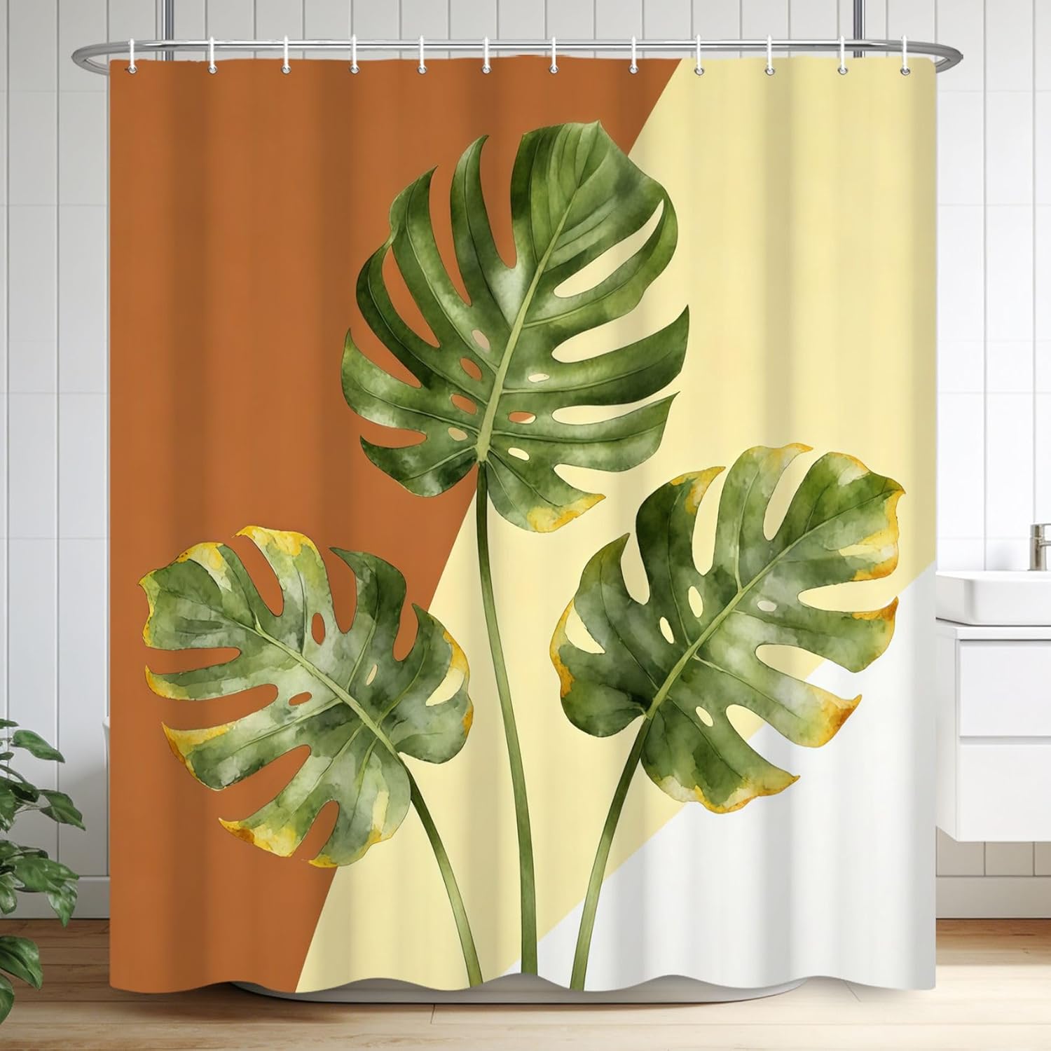 Baocicoo Monstera Leaf Shower Curtain Green Tropical Plant Watercolor Leaves Shower Curtains for Bathroom Waterproof Durable Polyester Botanical Bathroom Decorations with Hooks 72x78 Inches