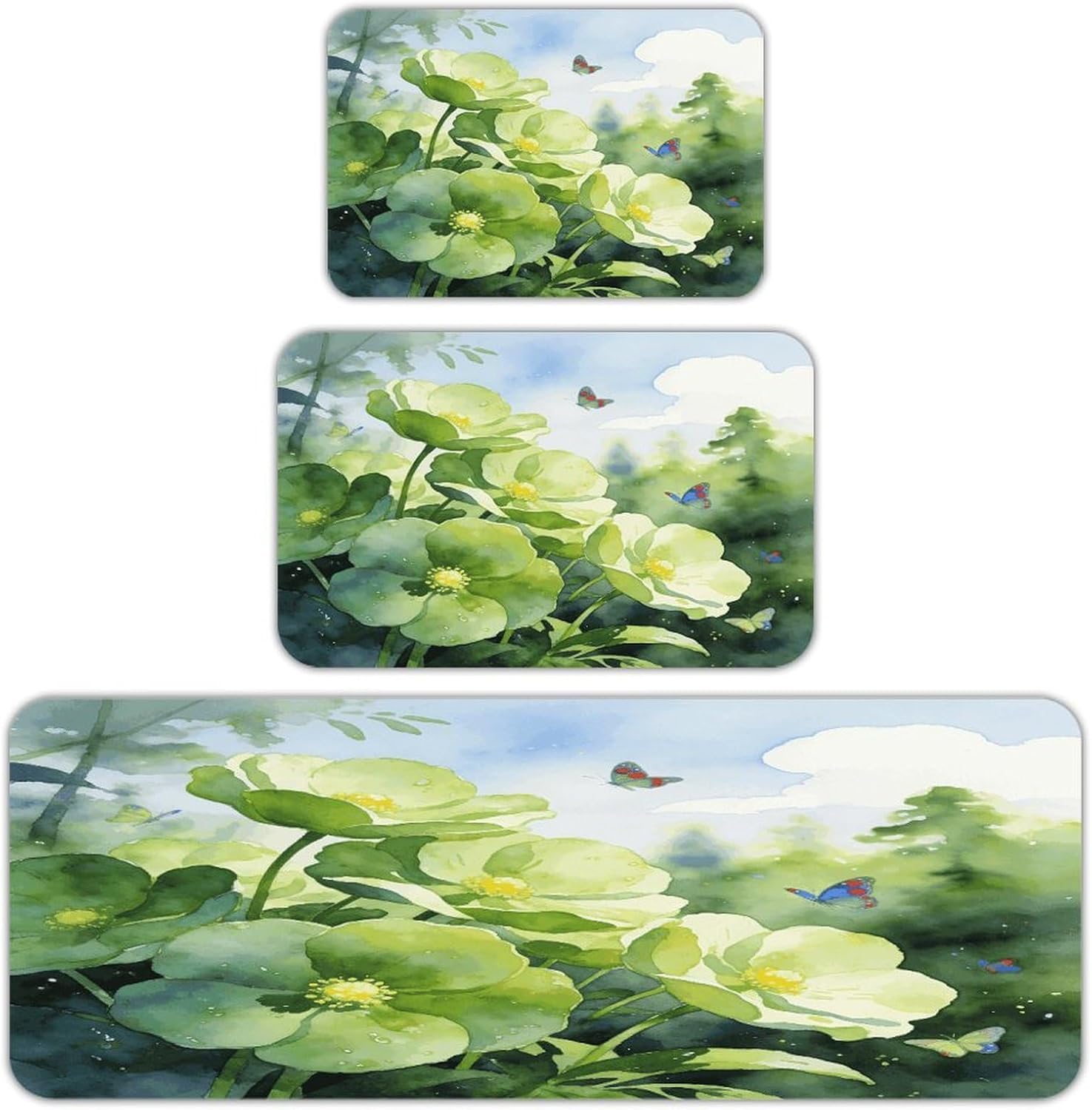 Green Jungle Flowers Kitchen Mats Soft Absorbent Rugs for Floor Non Slip Washable Kitchen Mats Fashion Rectangular Rugs for Three-Piece Set for Laundry Office Home Sink