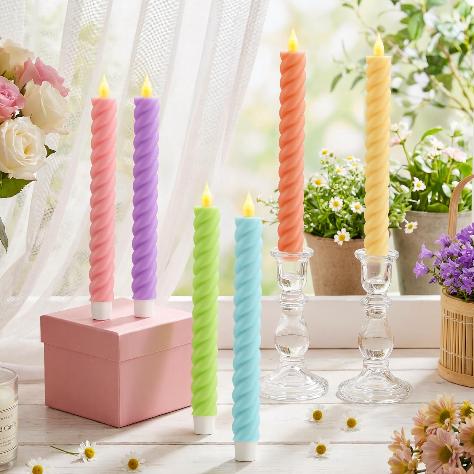 Baquler 6 Pcs Pastel Flameless Taper Candle Twisted LED 9.65 Inch