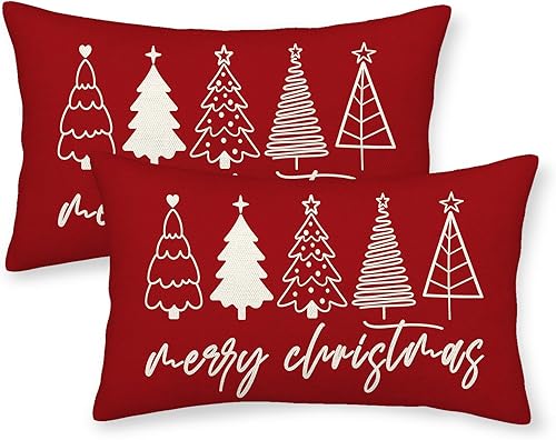 GOLIANDA Juego de 2 fundas de almohada de Navidad de 12 x 20 pulgadas, fundas de almohada de lino decorativas de invierno, Navidad, almohadas rojas