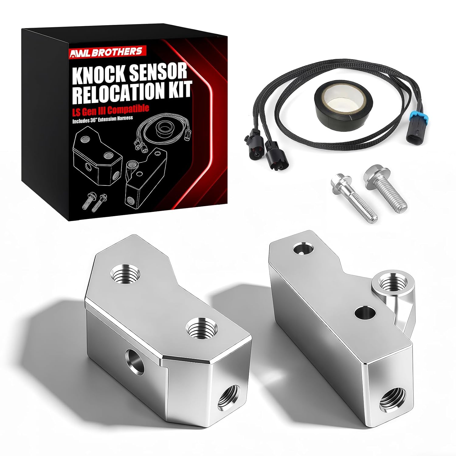 LS Gen 3 Knock Sensor Relocation Brackets Kit with 36" Extension Harness, Fit for GM LS1 LM7 LR4 LQ4 LS6 L59 LQ9 LM4 L33, Aluminum Bracket Upgrade for 1997–2007 Gen III LS Engines