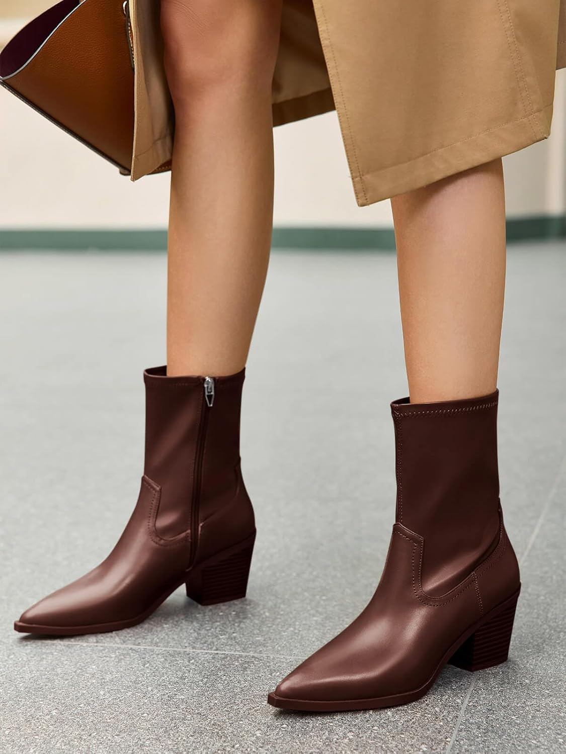 Coutgo Womens Pointed Toe Ankle Boots Chunky Stacked Heel Side Zipper Leather Fall Booties Shoes - Image 3