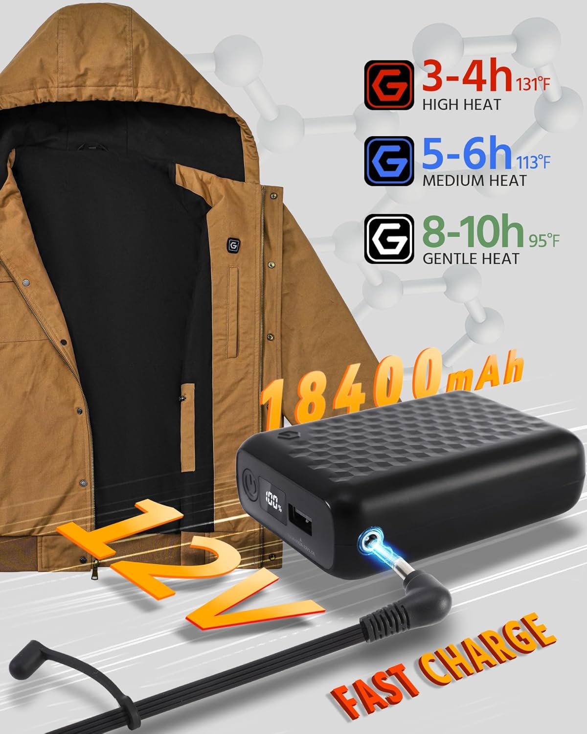 Wulcea Graphene Heated Jacket For Men 12V 18400mAh Fast Charge Large Capacity Battery - Image 3